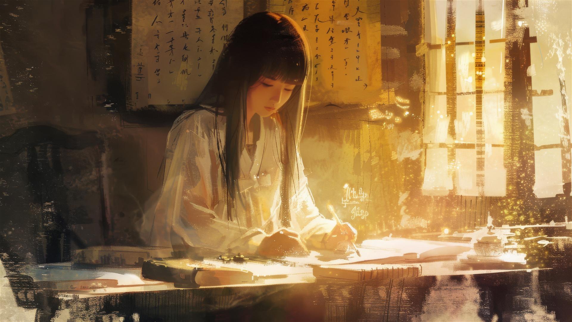 Korean girl with calligraphy amid objects and shadows