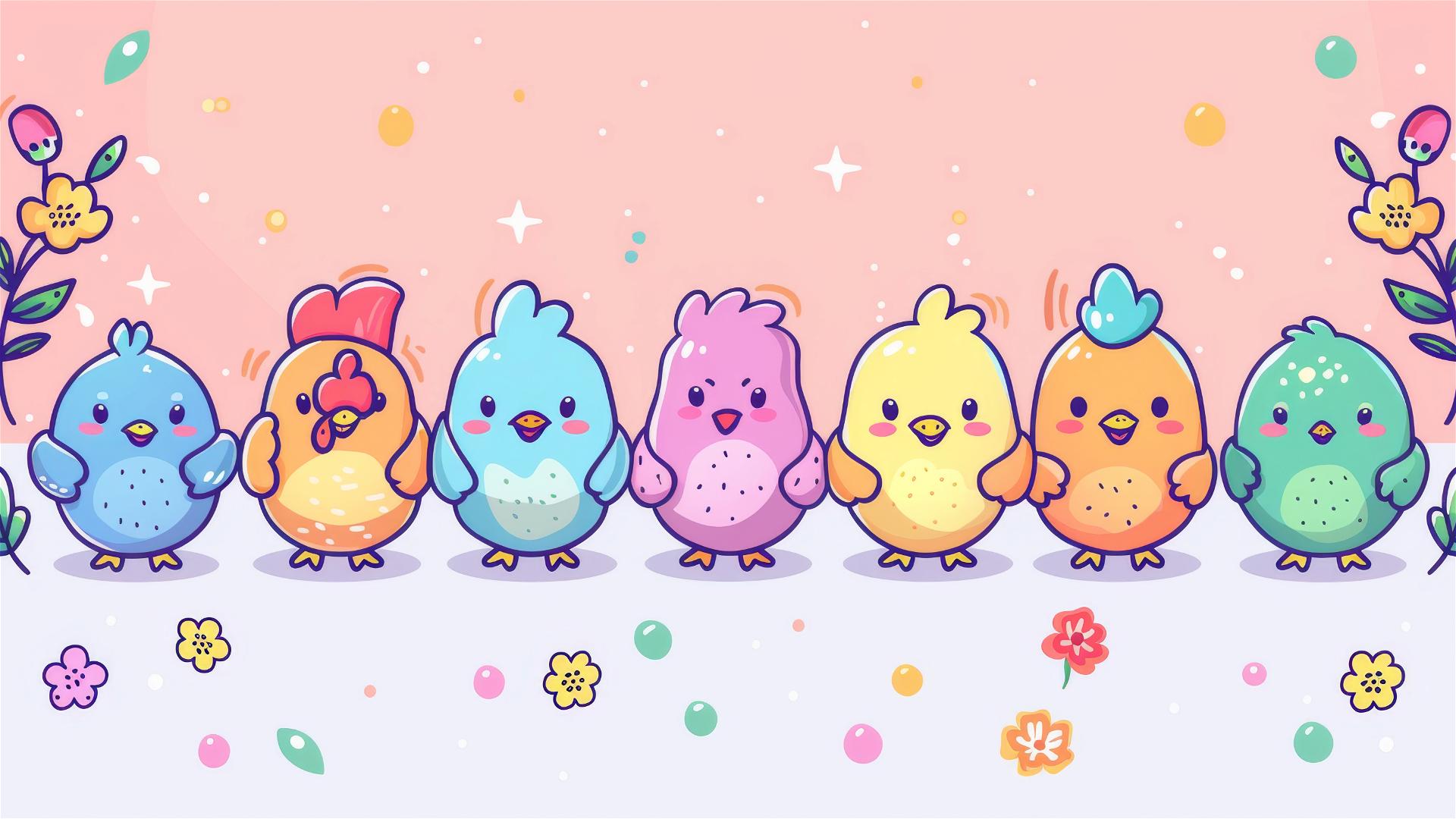 Kawaii doodle icons of hens, flowers, seeds with cute faces on white
