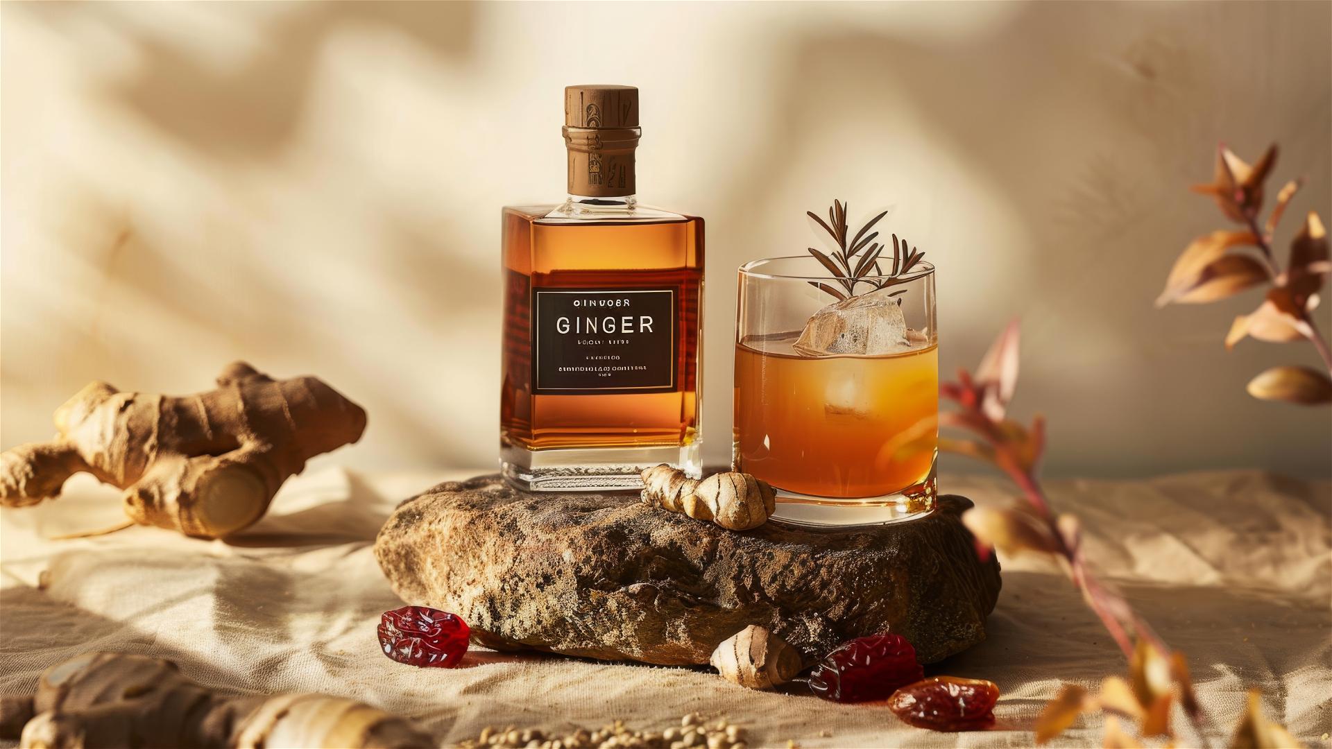 Brandy bottle labeled 'GINGER' with ginger cocktail, dried red dates, and ginger on rock.