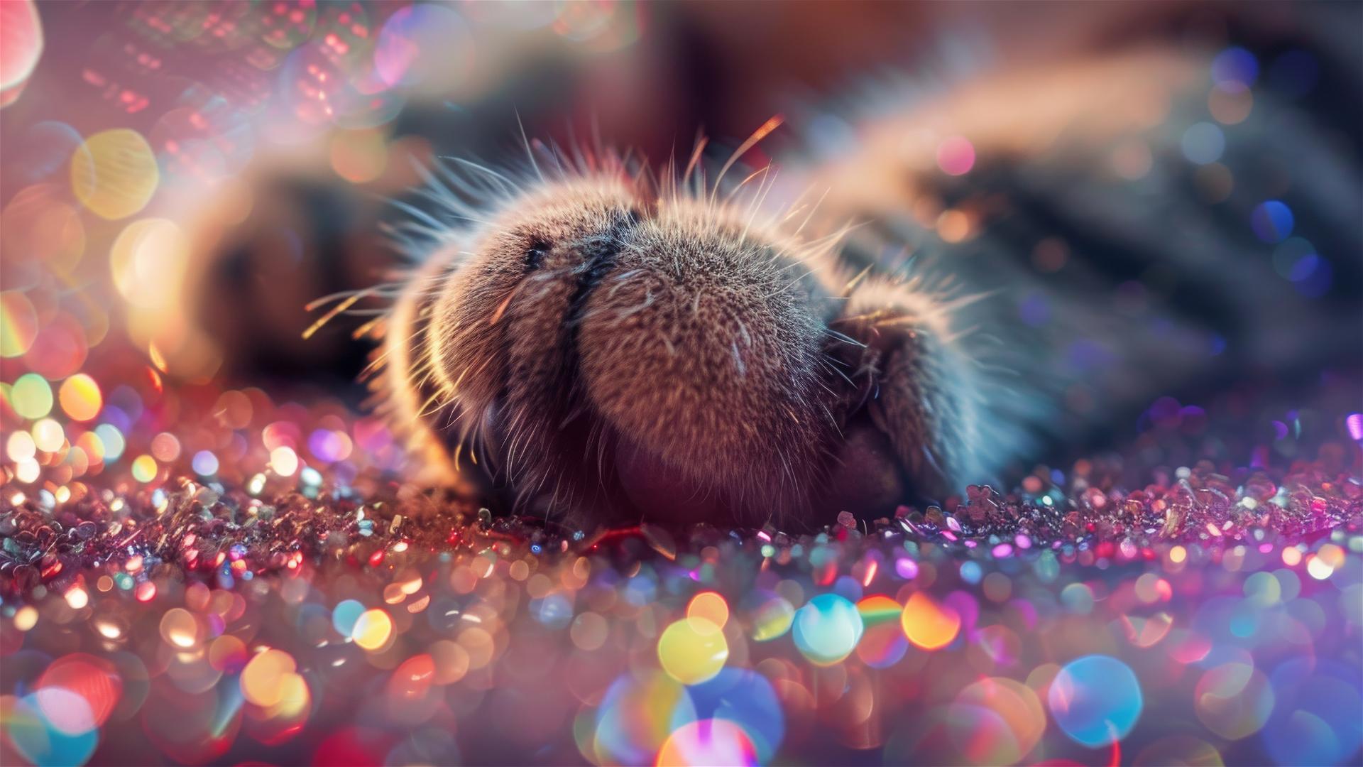 fine glitter with a furry cute cat paw, bright light