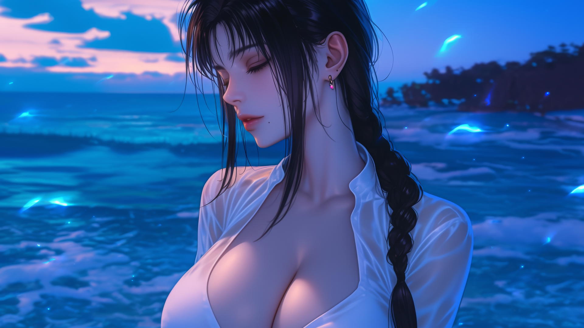 Makima from Chainsaw Man resting at sea during a neon pink sunset