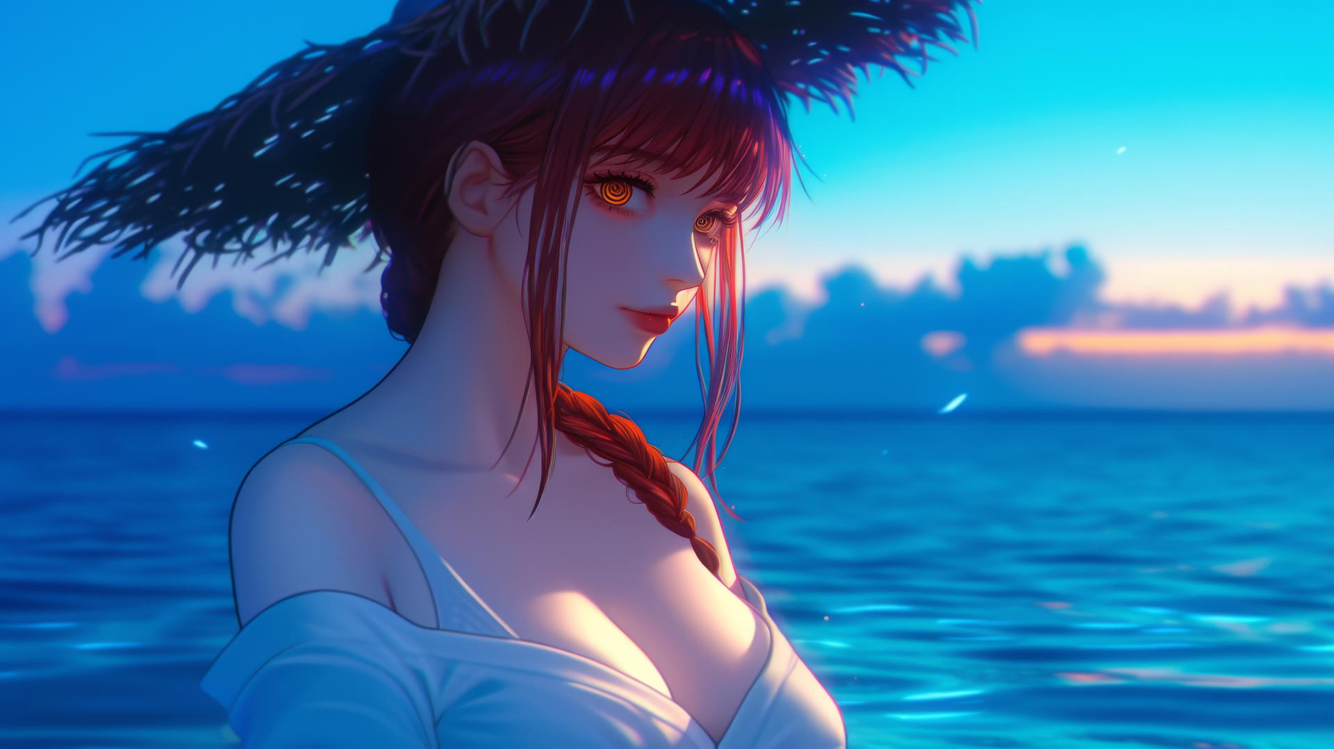 Makima from Chainsaw Man at sea during romantic sunset with neon pink sky
