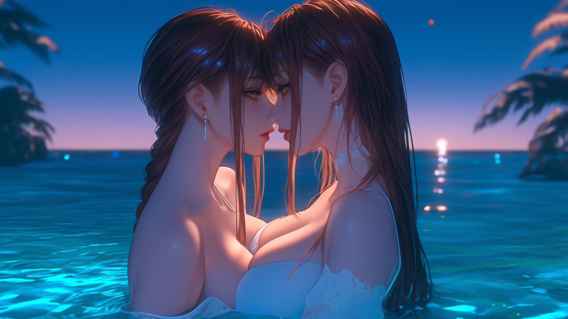 Makima from Chainsaw Man relaxing at sea during a neon pink sunset