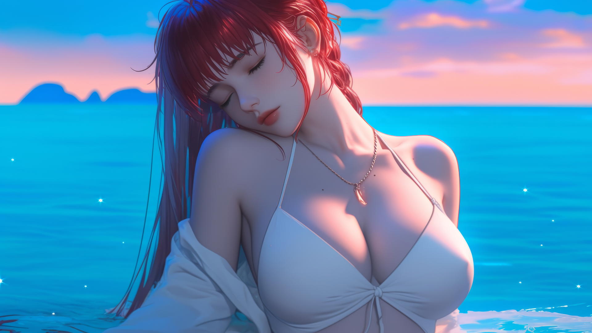 Makima from Chainsaw Man resting at sea at romantic sunset with neon pink sky