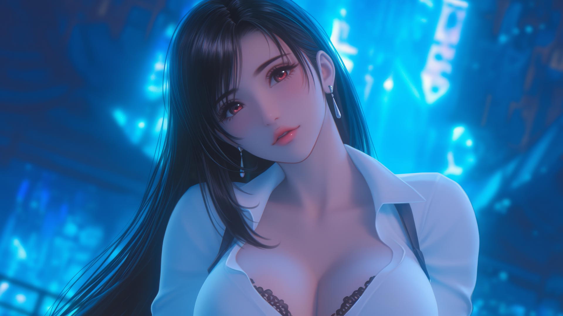 Tifa Lockhart kneeling, looking down, in a white office shirt, neon light glow.
