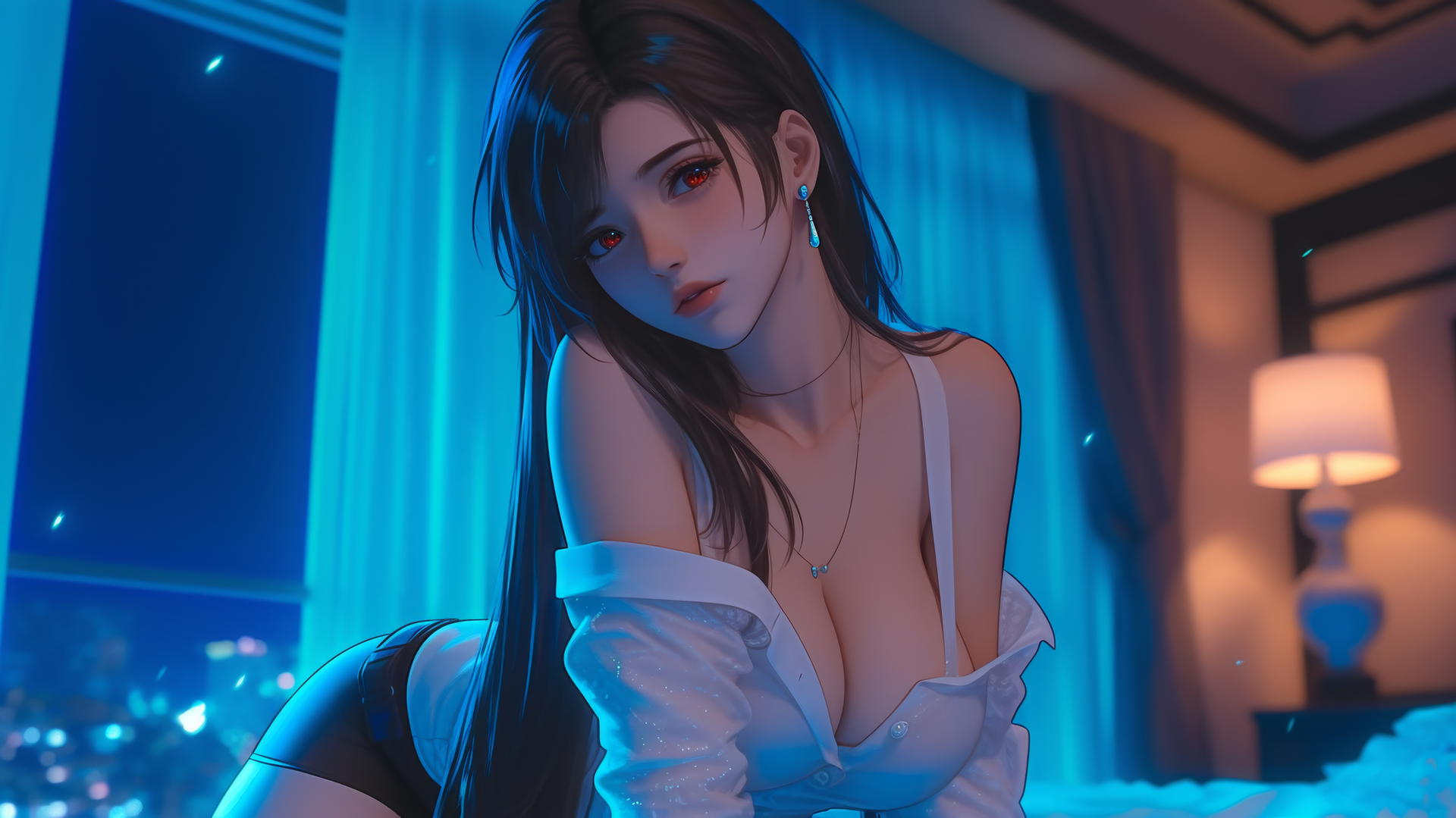 Tifa Lockhart kneeling, looking down, in white office shirt, neon-lit modern hotel room.