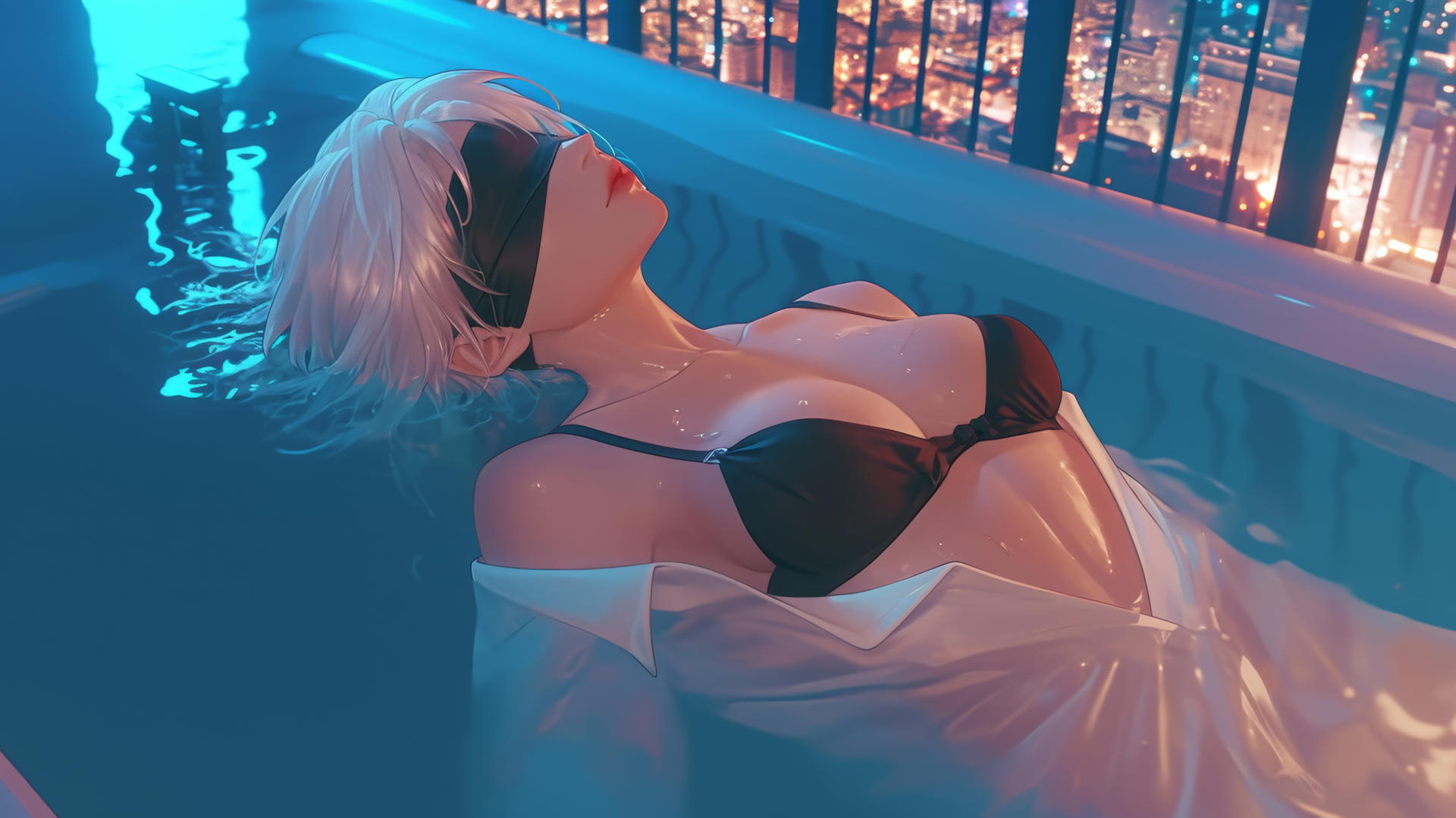 2B from Nier seen from above, wearing a white shirt, black blindfold, neon-lit modern hotel room.