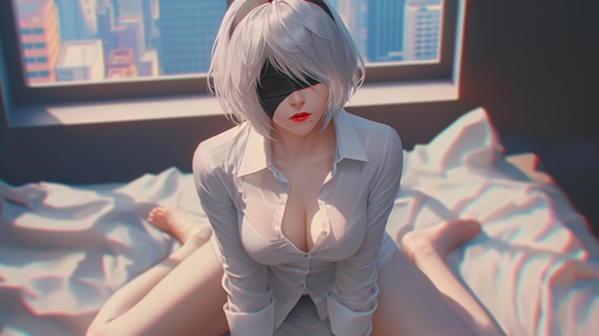 2B from Nier in white office shirt kneeling, looking up, in modern hotel room.