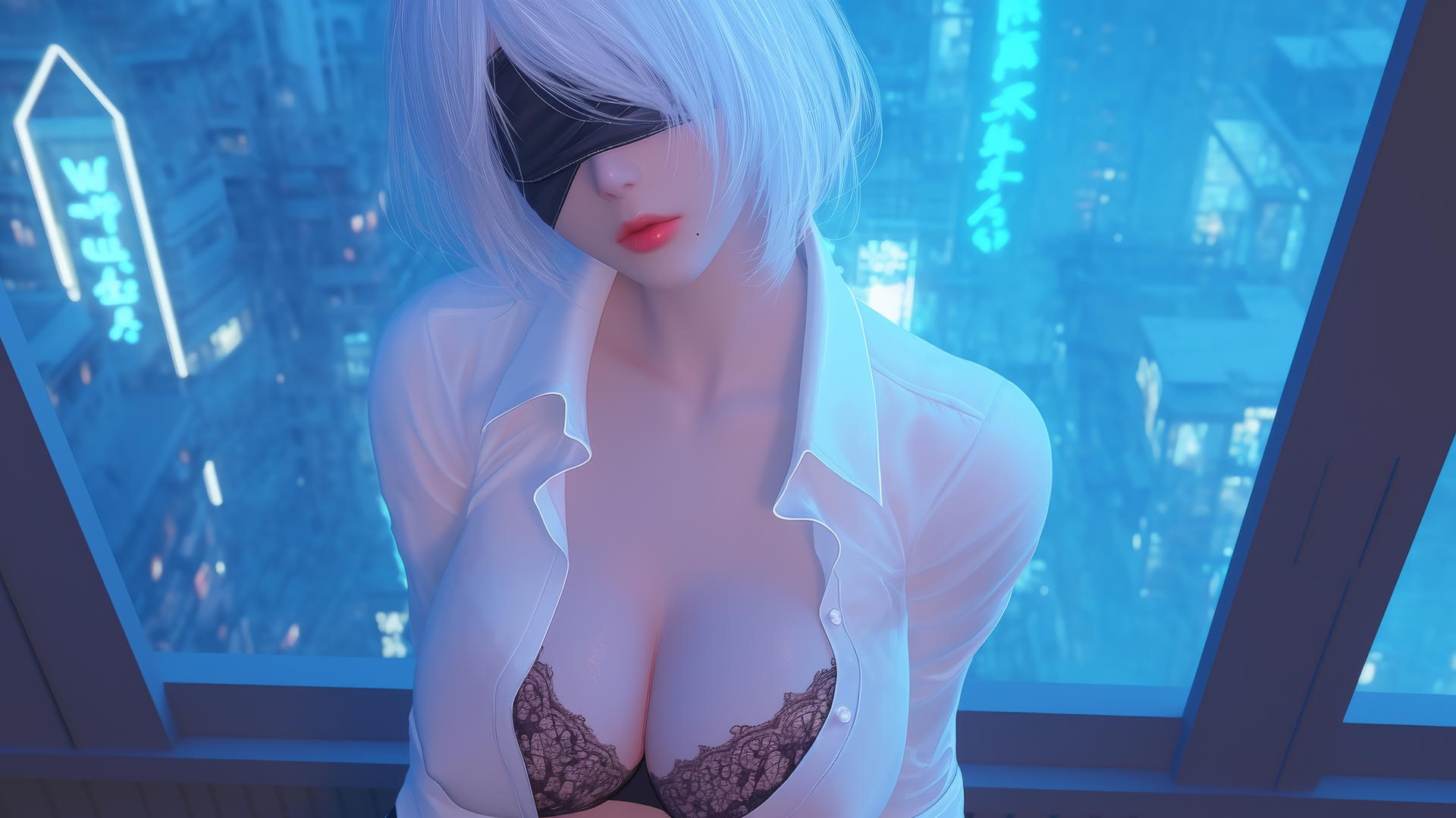 2B from Nier kneeling in white office shirt, black blindfold, neon-lit hotel room