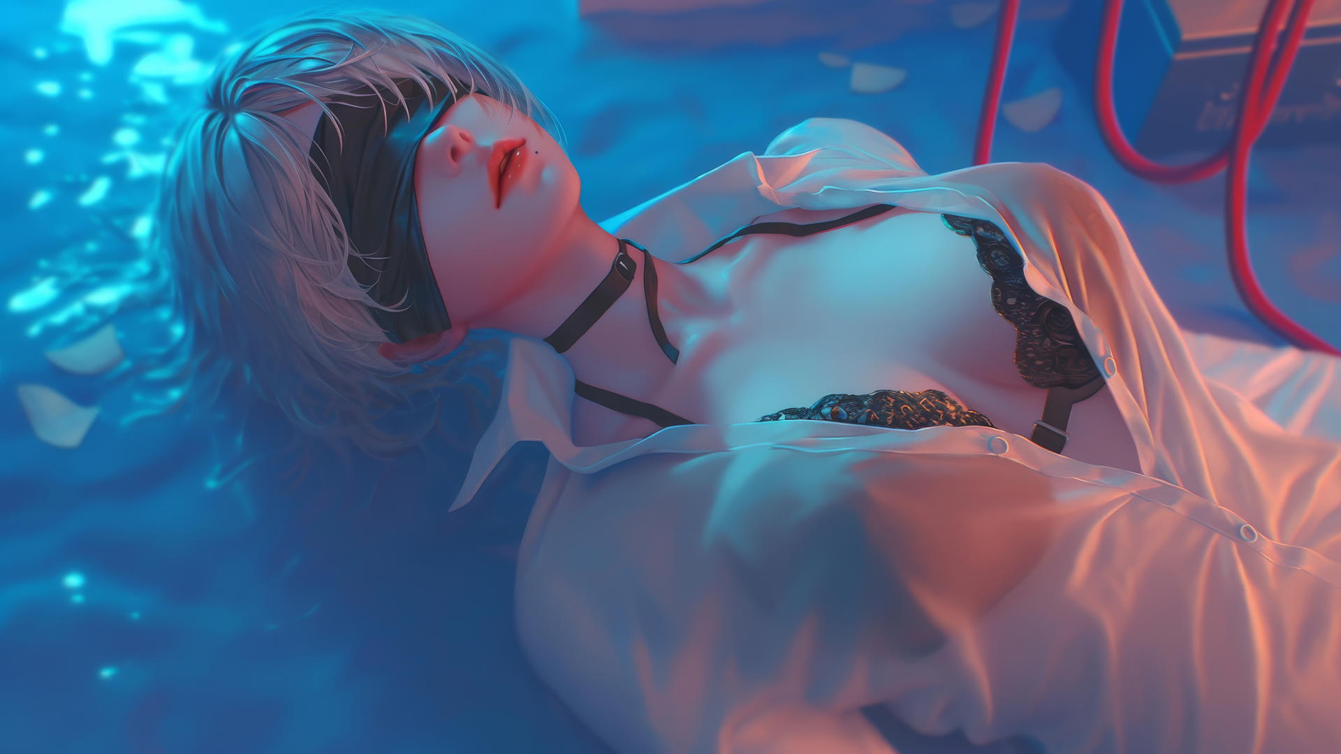 2B from Nier kneeling, looking up in white shirt, neon-lit room.