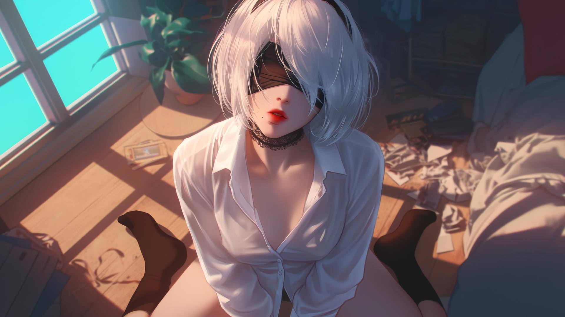 2B from Nier kneeling, looking up, wearing white office shirt and black blindfold in a neon-lit hotel room.