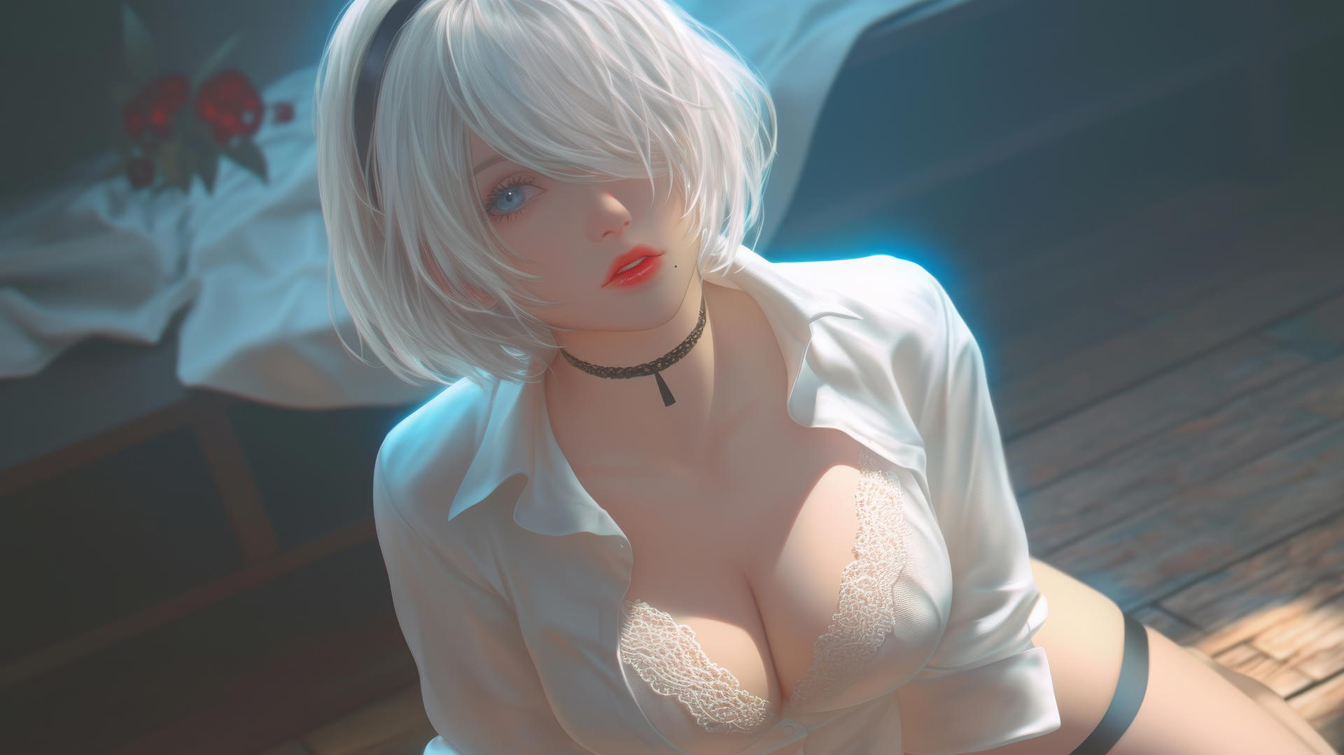 2B from Nier kneeling, looking up, in a modern hotel room with neon light