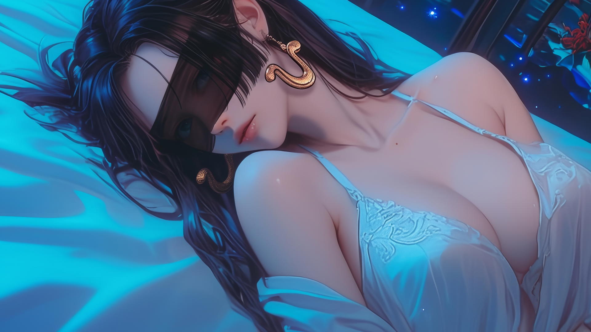 Boa Hancock from One Piece kneeling, blindfolded in a neon-lit hotel room.