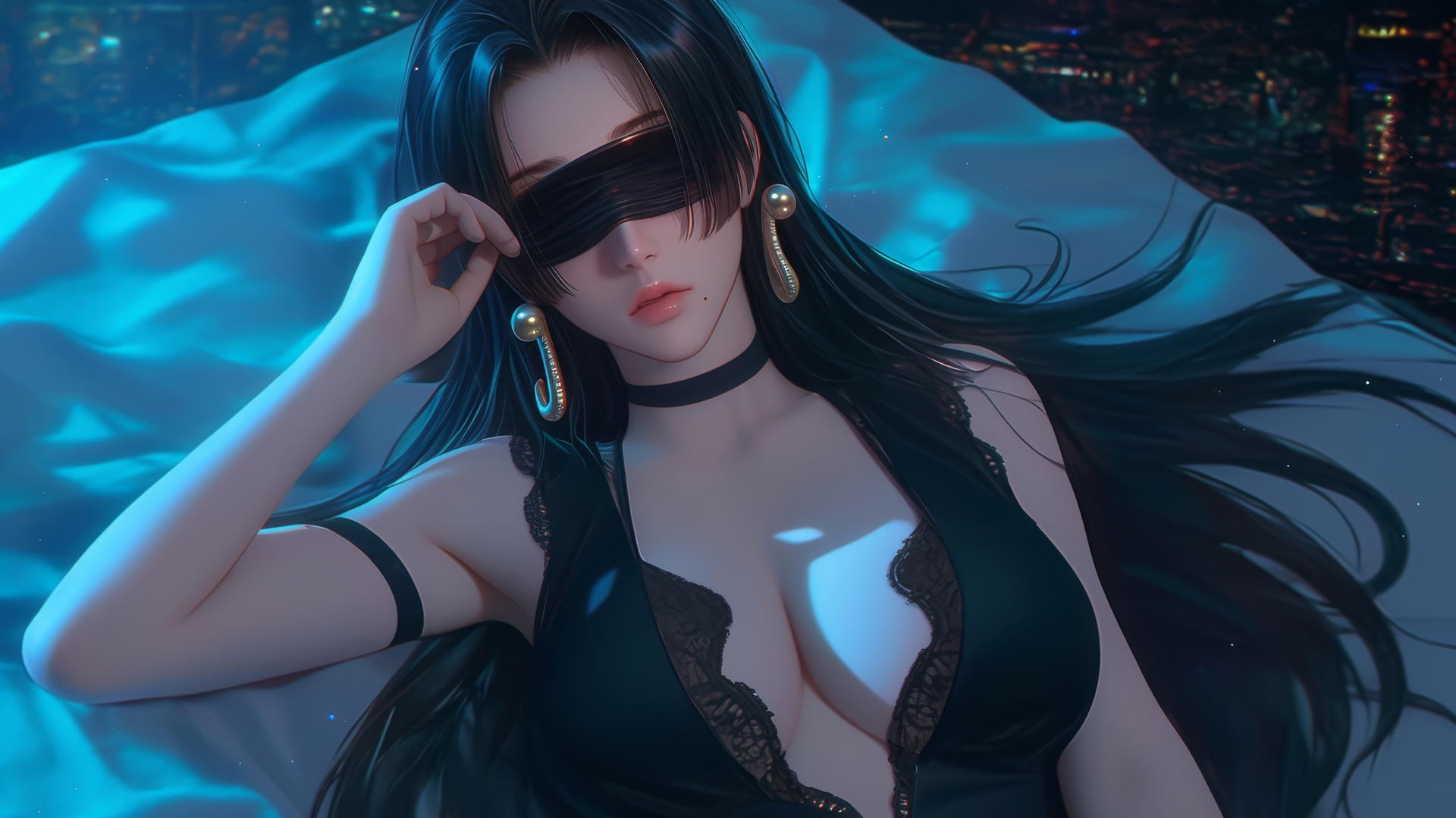 Boa Hancock kneeling, blindfolded, in neon-lit hotel room