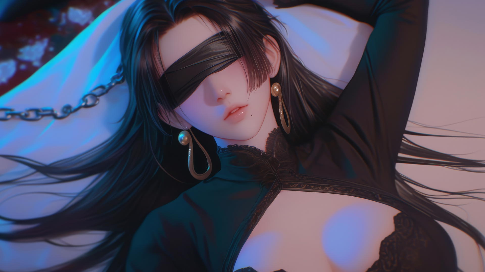 Boa Hancock from One Piece kneeling and blindfolded in a softly lit modern hotel room.