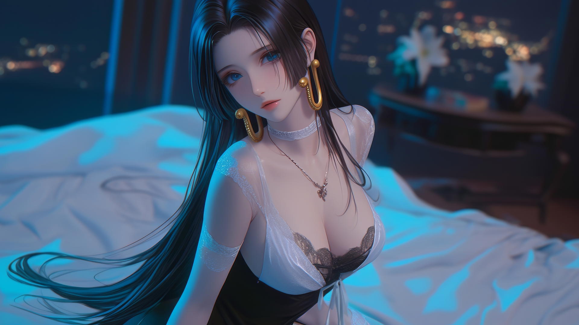 Boa Hancock kneeling with blindfold, modern hotel room with neon light