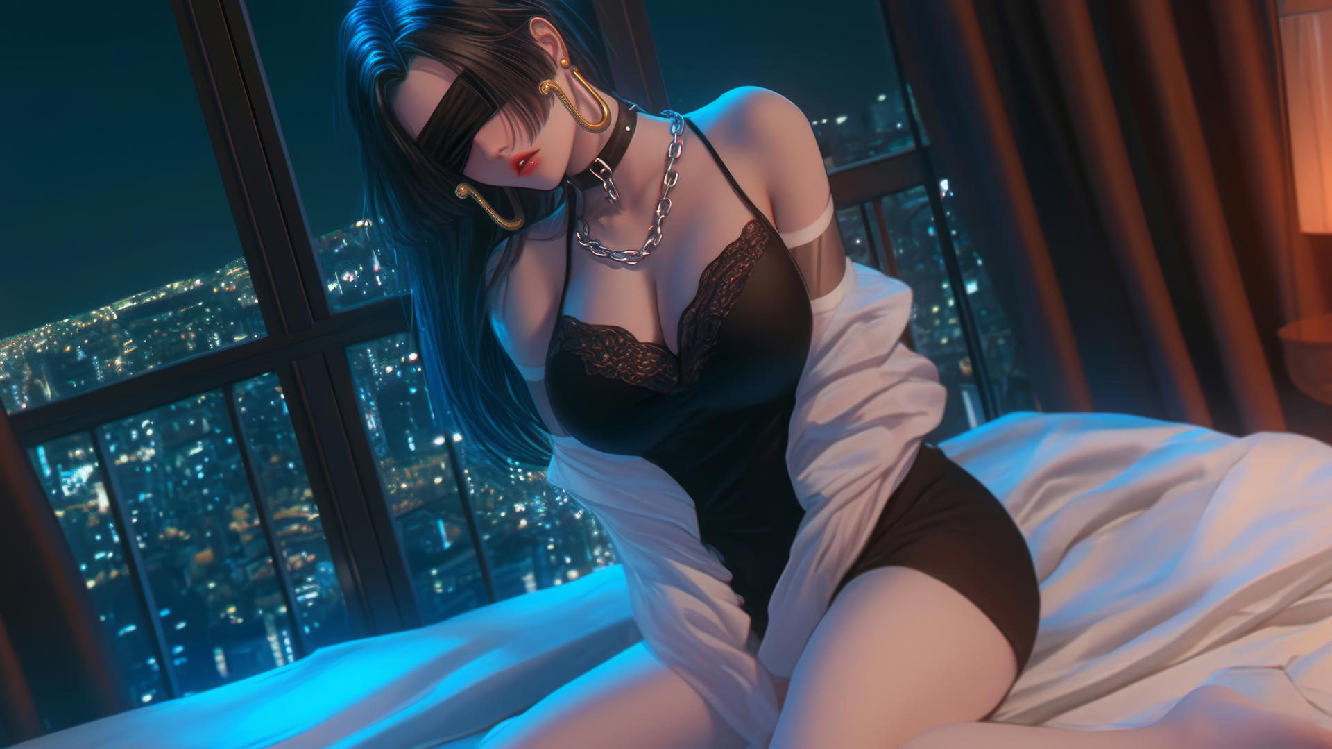 Boa Hancock from One Piece kneeling blindfolded in a neon-lit modern hotel room