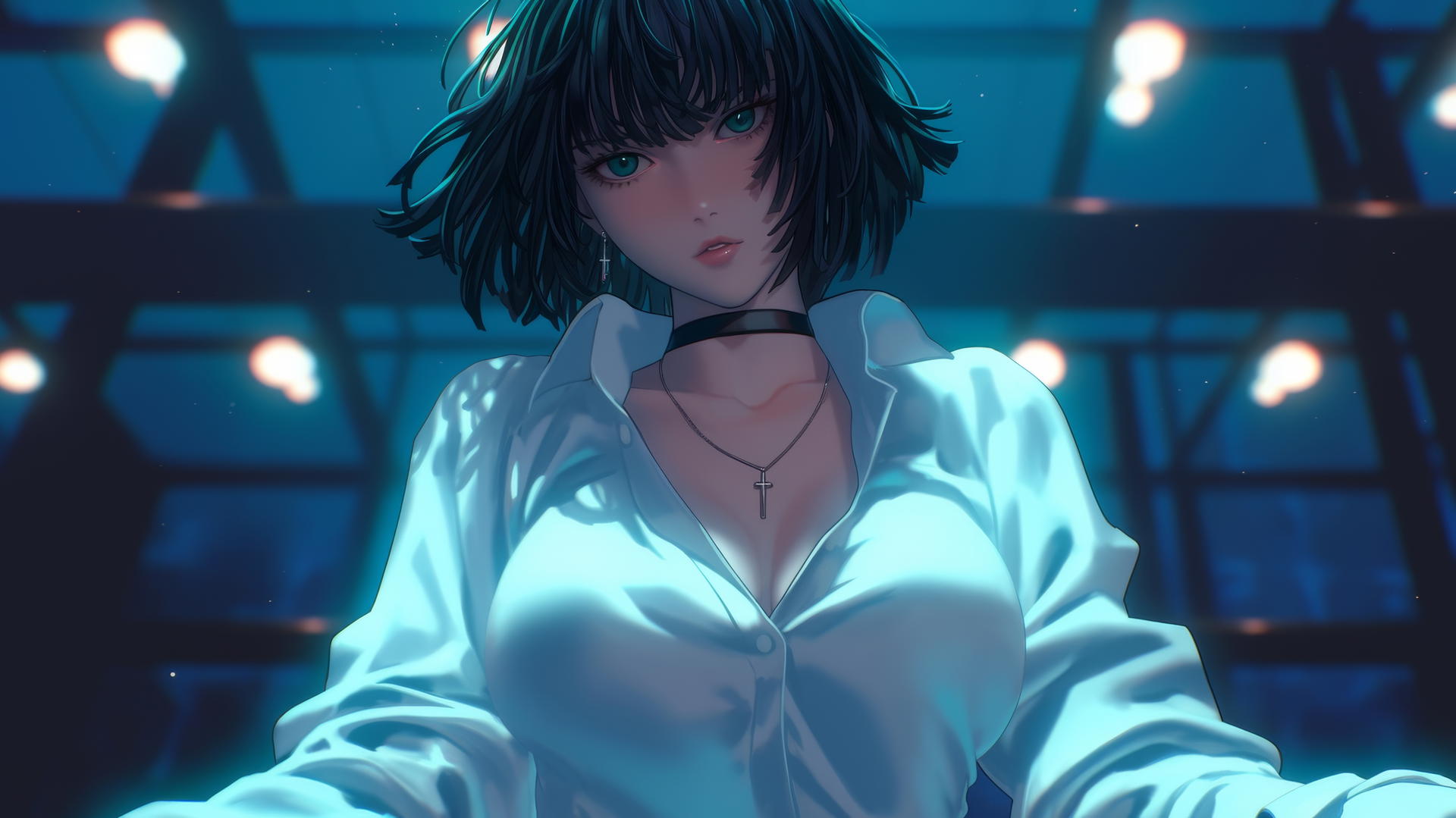 Fubuki from One Punch Man kneeling, with hotel ceiling and neon light glow.