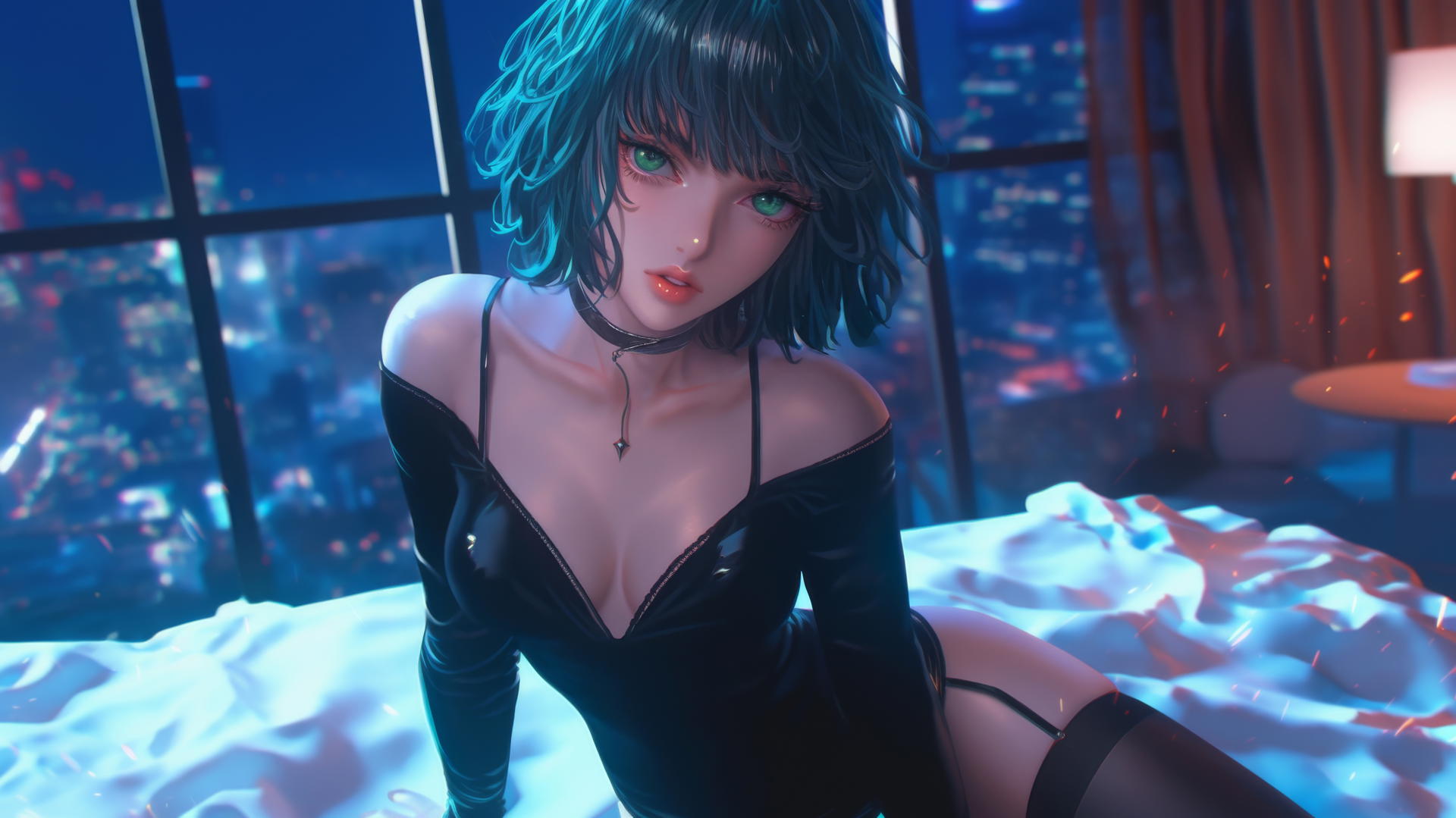 Fubuki from One Punch Man kneeling, looking up, neon-lit hotel room.