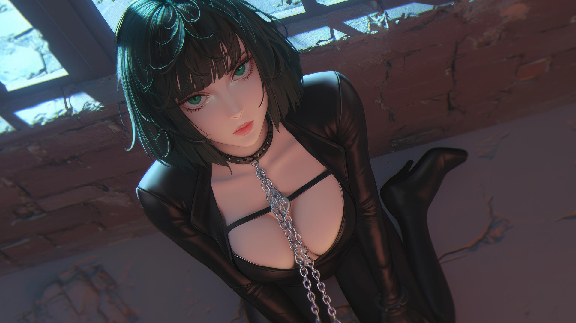 Fubuki from One Punch Man kneeling with chains in neon-lit hotel room.