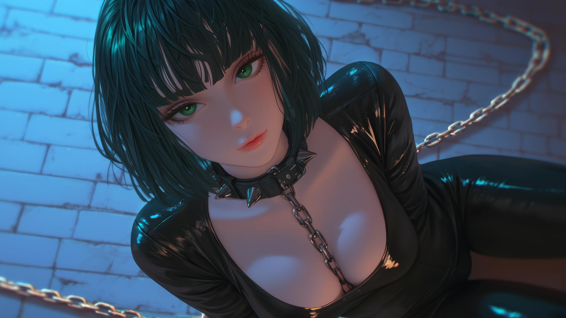 Fubuki from One Punch Man kneeling, locked in chains, in a neon-lit modern hotel room