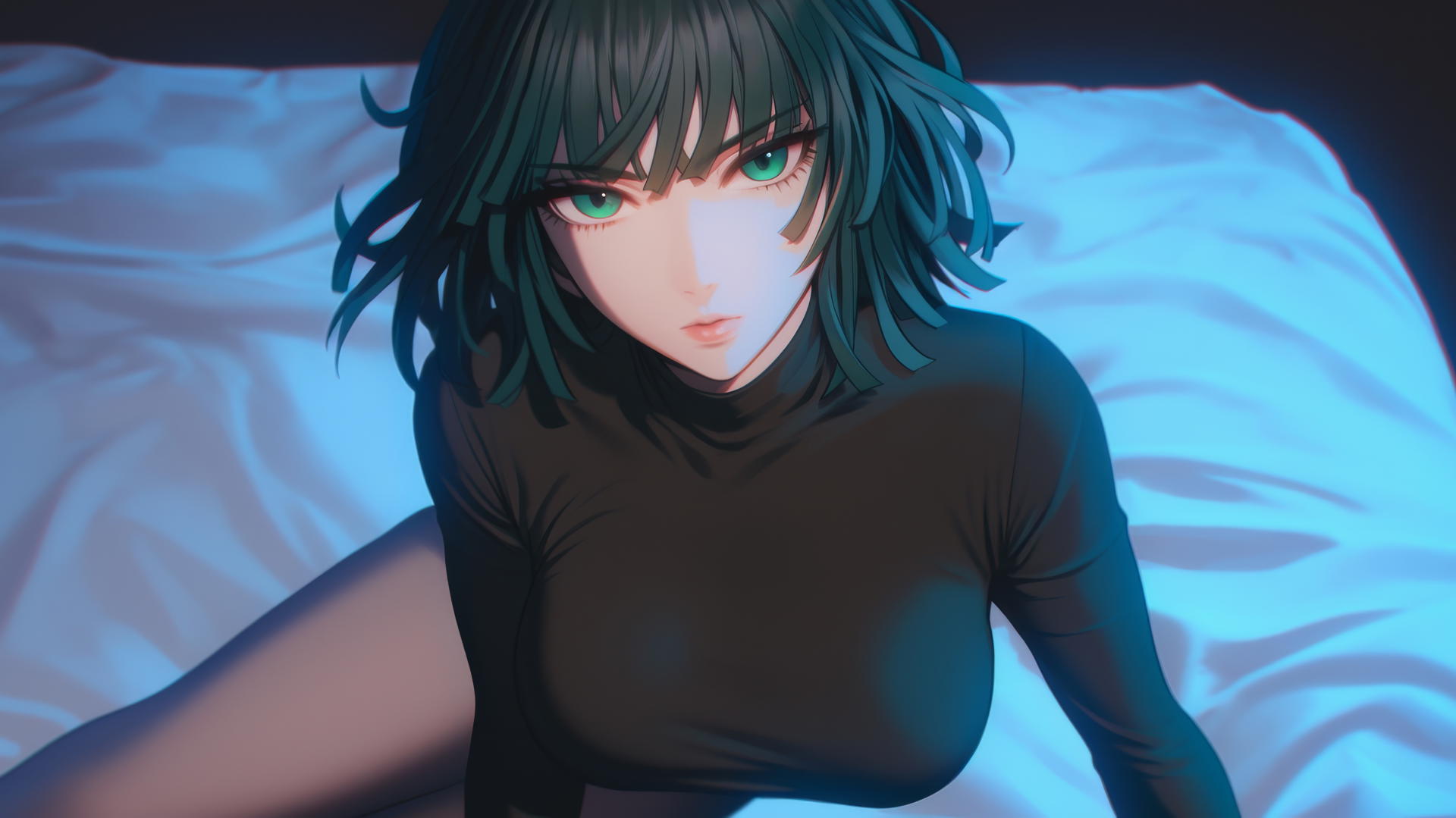 Fubuki from One Punch Man kneeling, looking up, neon-lit hotel room