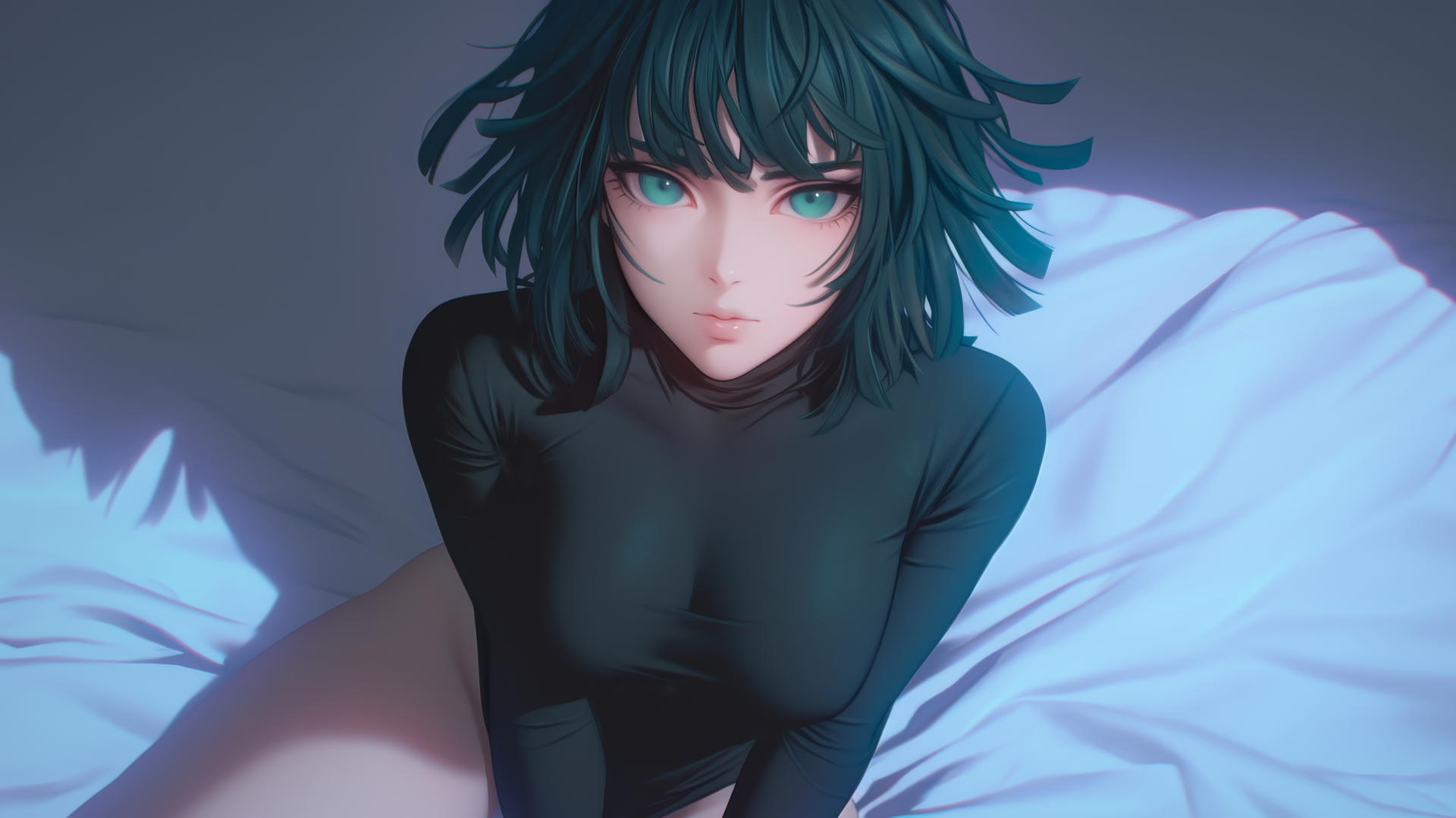 Fubuki from One Punch Man, kneeling and looking up, modern hotel neon light