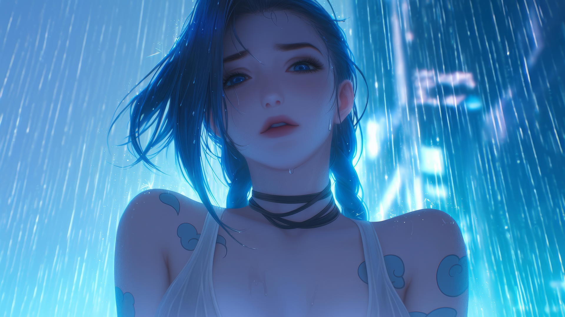 Jinx from League of Legends kneeling, seen from below, hotel ceiling in the background