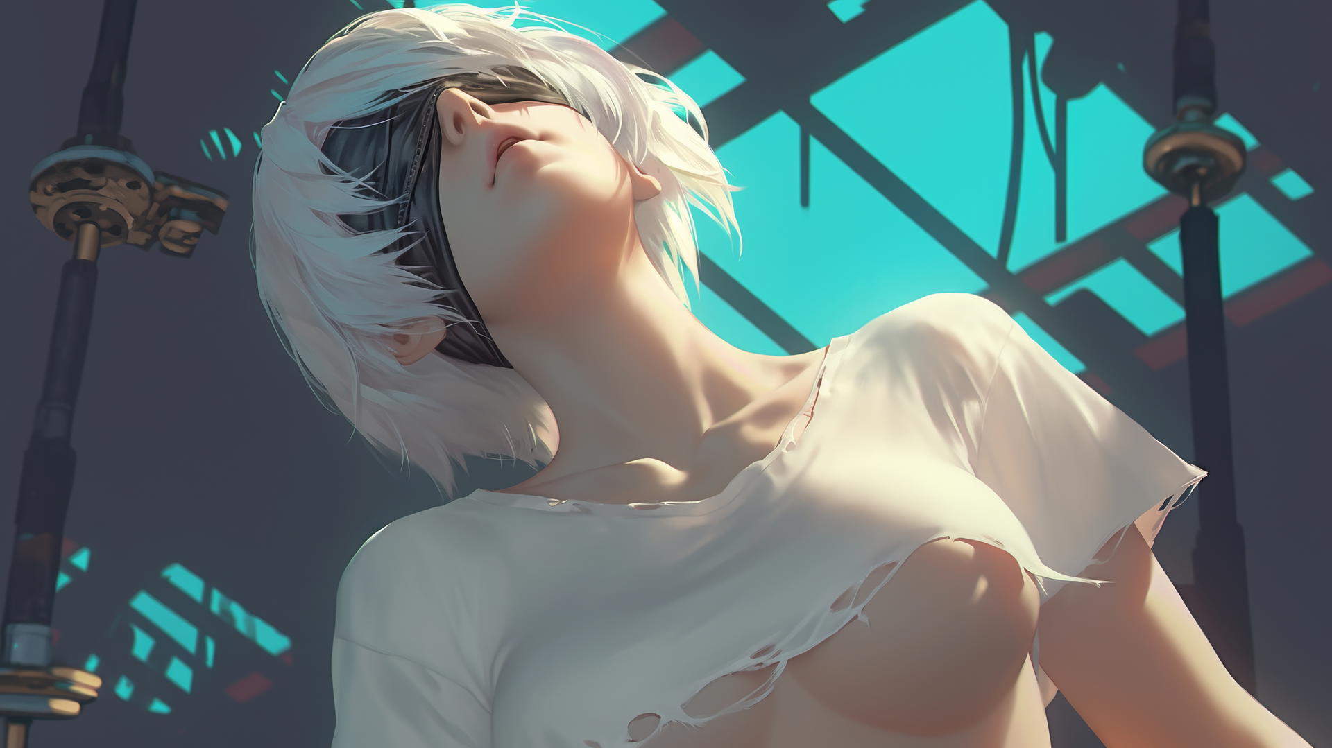 2B from Nier in a broken white shirt and blindfold, kneeling and howling, neon-lit hotel ceiling background.