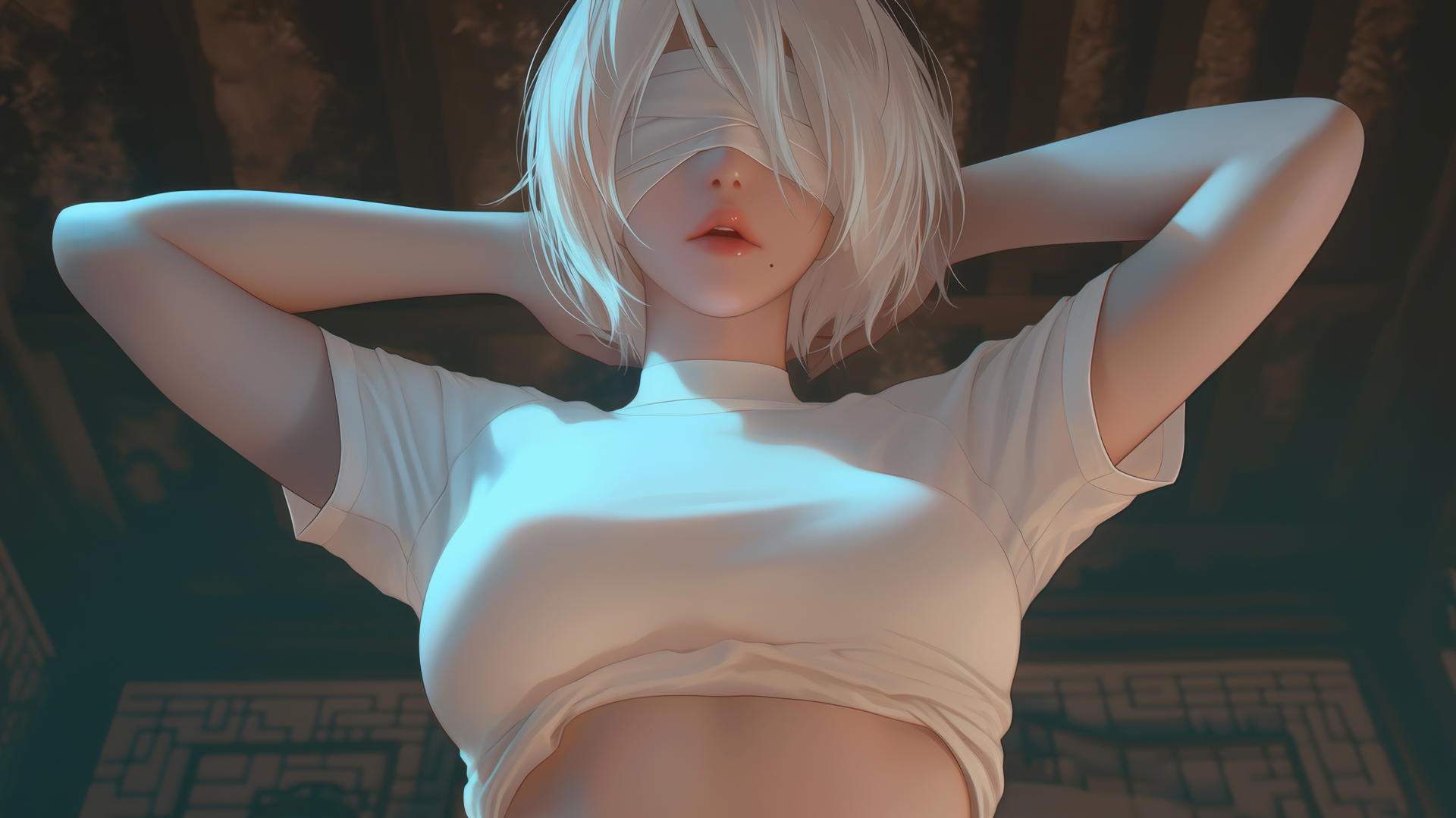 2B from Nier wearing a broken white t-shirt and blindfold, kneeling and looking down under soft neon ceiling light.