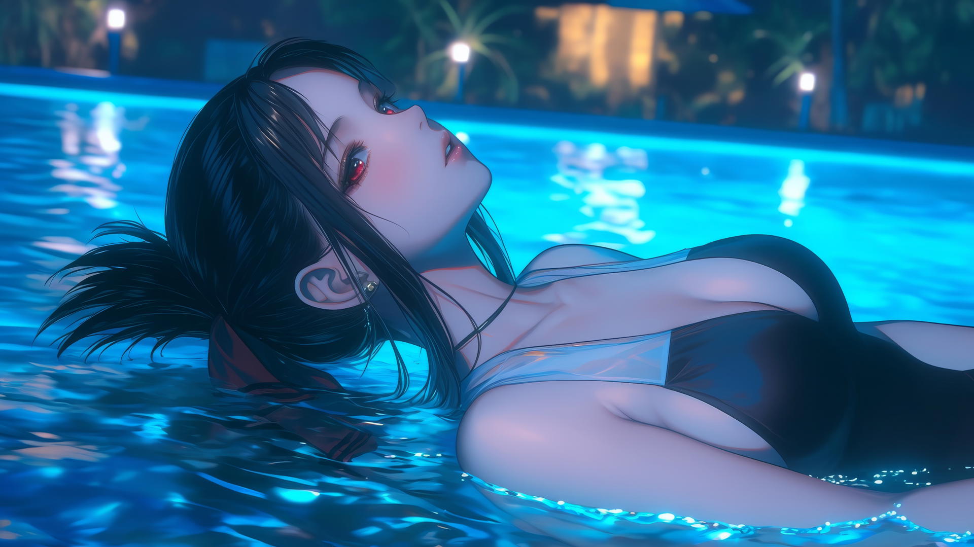 Kaguya Shinomiya resting by a swimming pool under moonlight