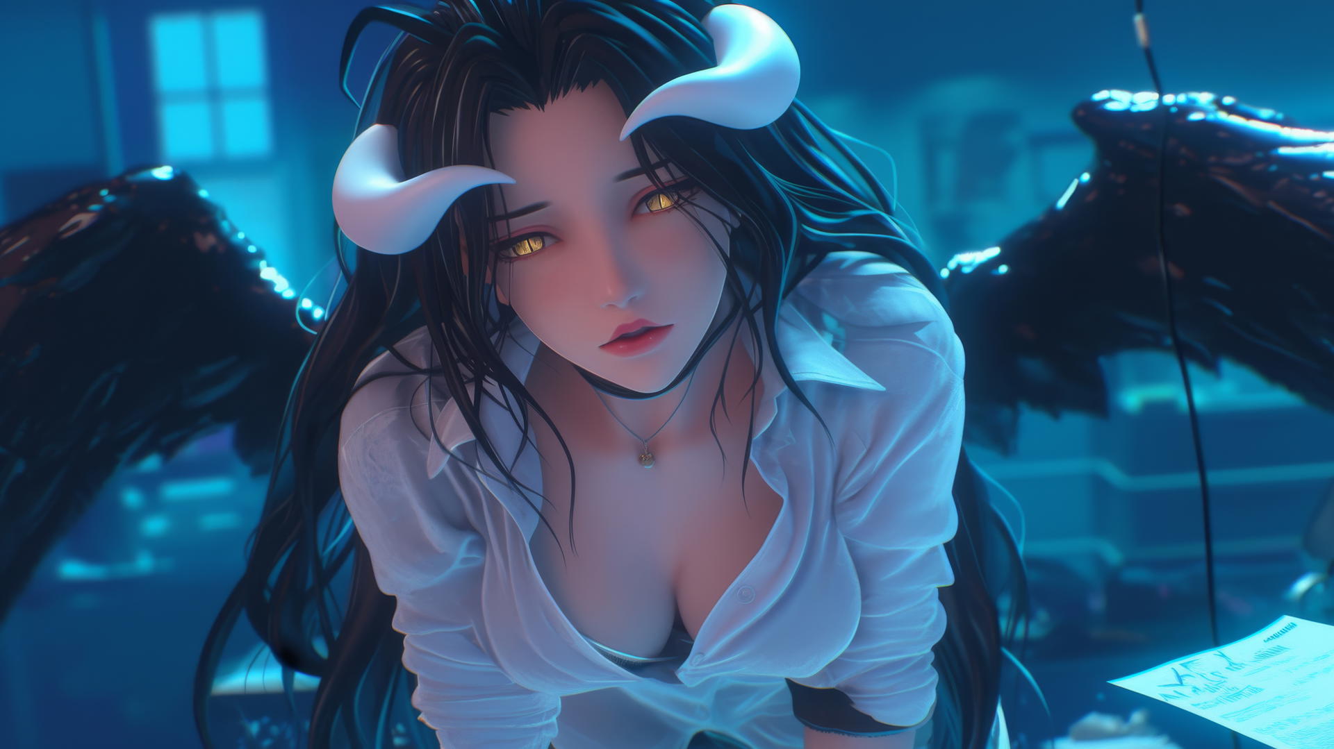Albedo from Overlord kneeling, looking down, with neon light glow