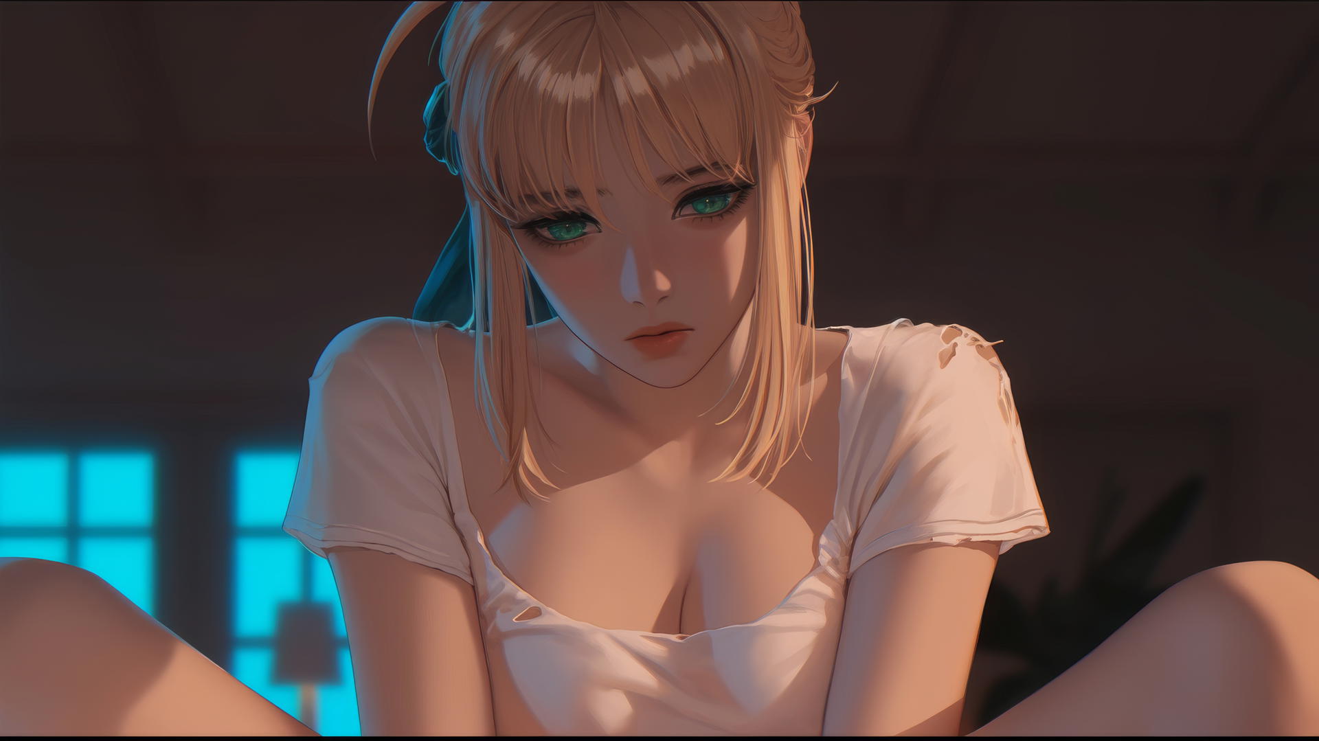 Saber from Fate Zero kneeling, wearing a broken t-shirt, looking down with green eyes, warm light, ceiling background