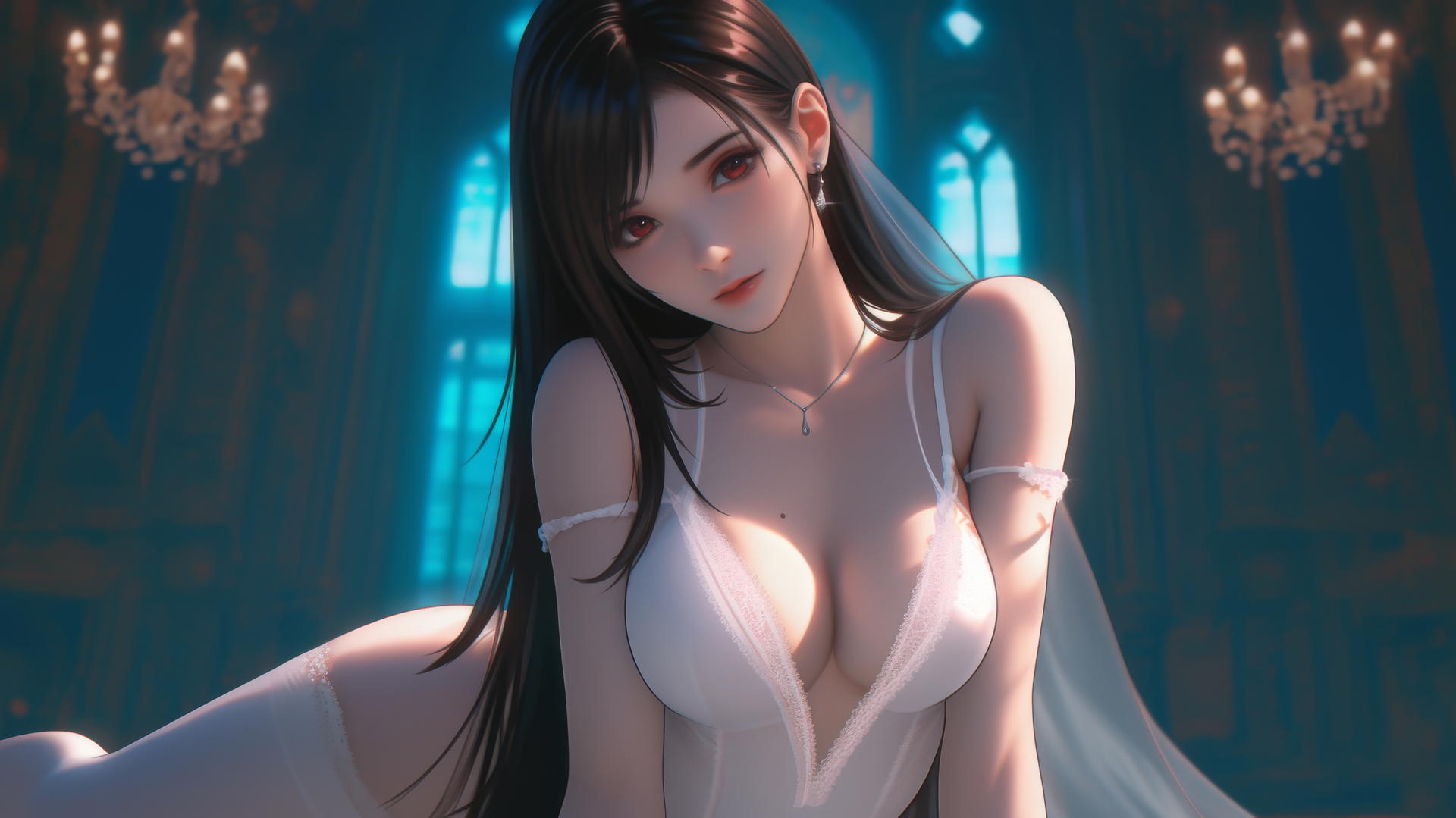 Tifa Lockhart in a wedding dress kneeling, seen from below, soft glow lighting.