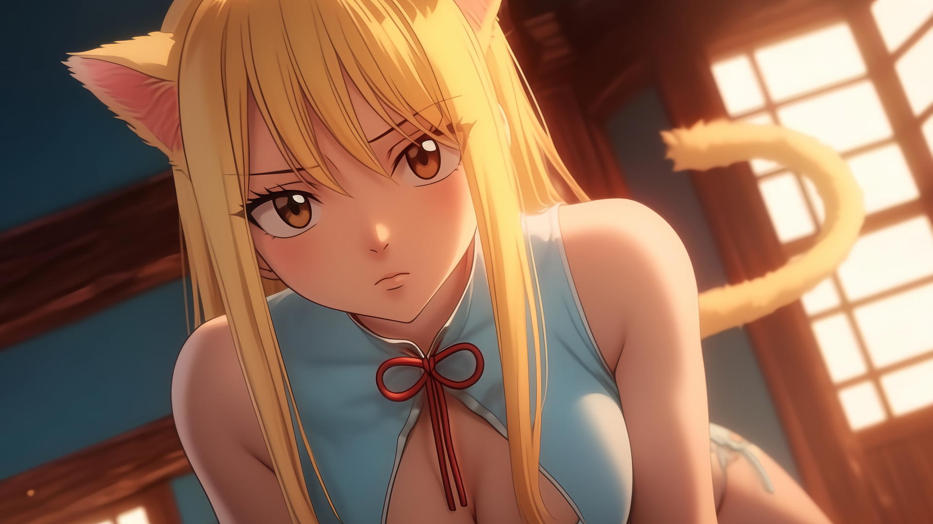 Pink cat girl kneeling, leaning forward, resembling Lucy Heartfilia from Fairy Tail, with warm light and ceiling background.