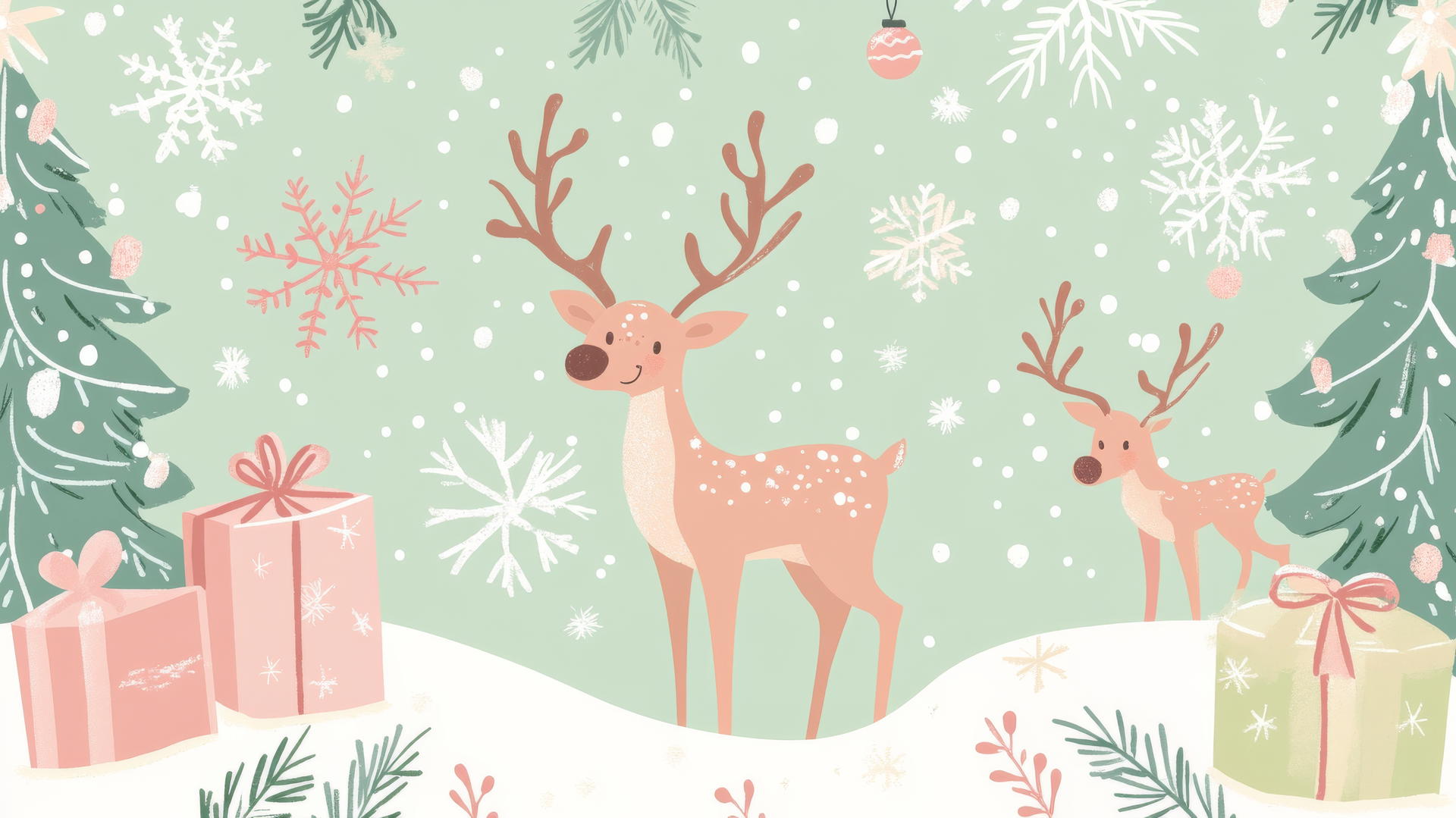 cute Christmas wallpaper preppy with reindeer, snowflakes, and gifts in pastel colors