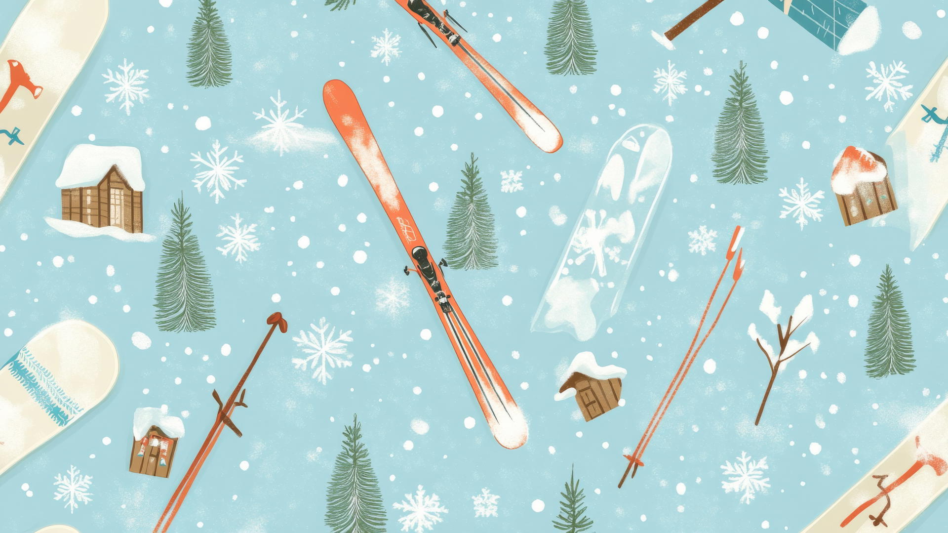 Skiing equipment pattern on a pastel blue background with snowflakes, pine trees, christmas wallpaper preppy.