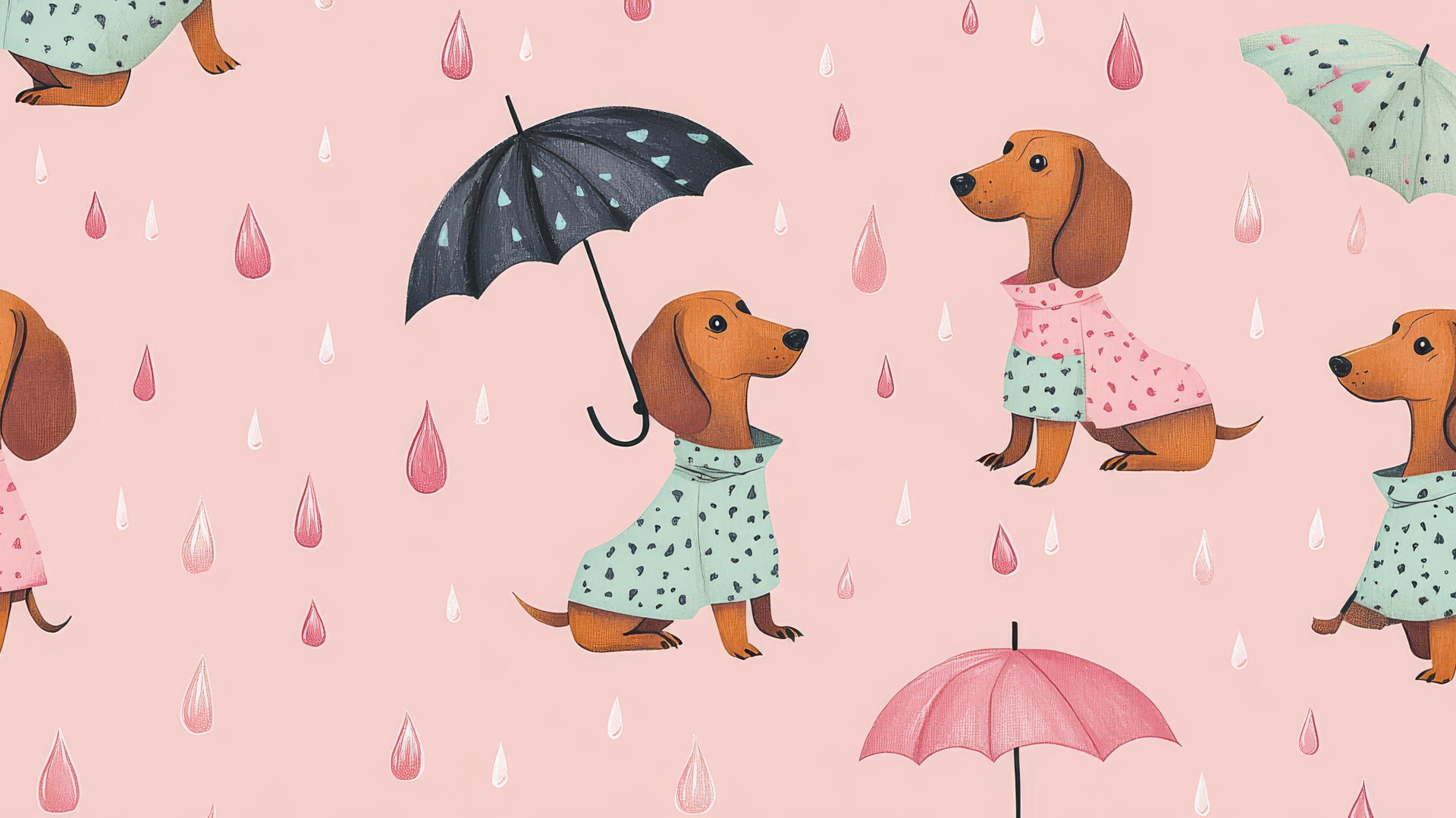 preppy wallpaper pink with playful pattern of pink dachshunds in raincoats and umbrellas