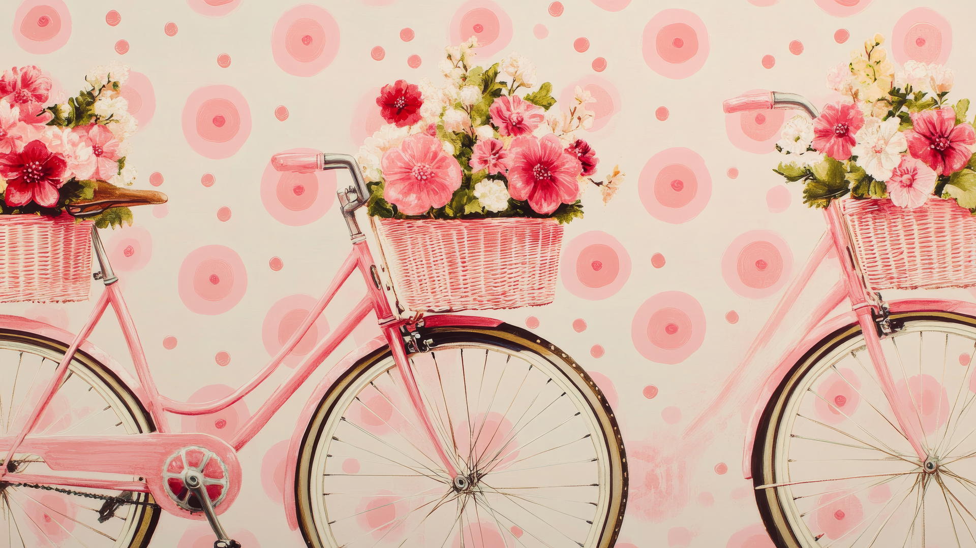 preppy pink wallpaper with vintage bicycles and floral baskets on polka dot background