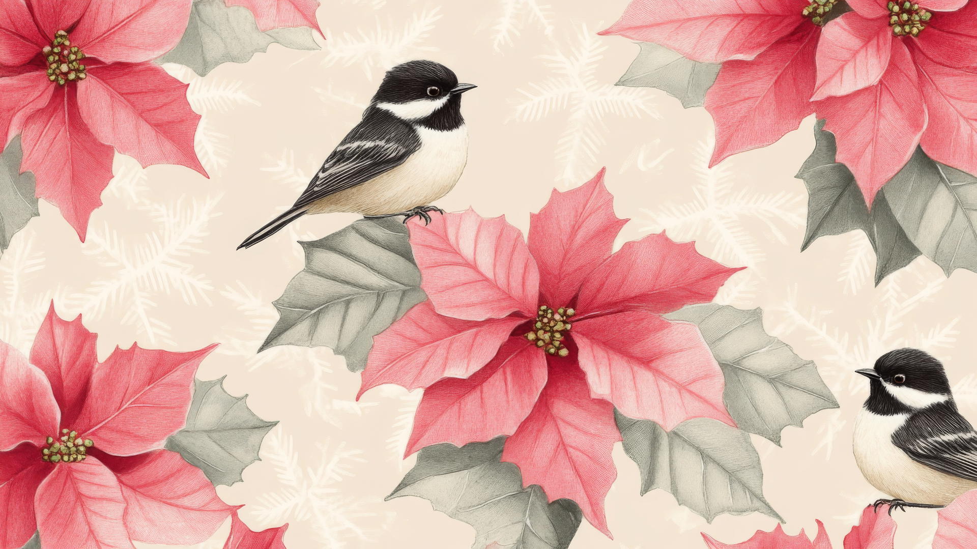 Preppy winter wallpaper with pink poinsettias and birds