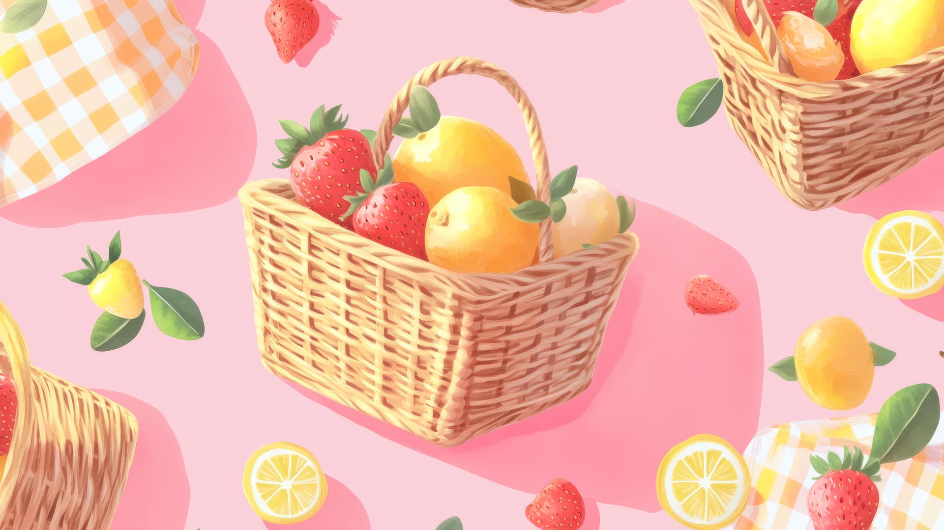 preppy spring wallpaper with picnic baskets, gingham blankets, fresh strawberries and lemons