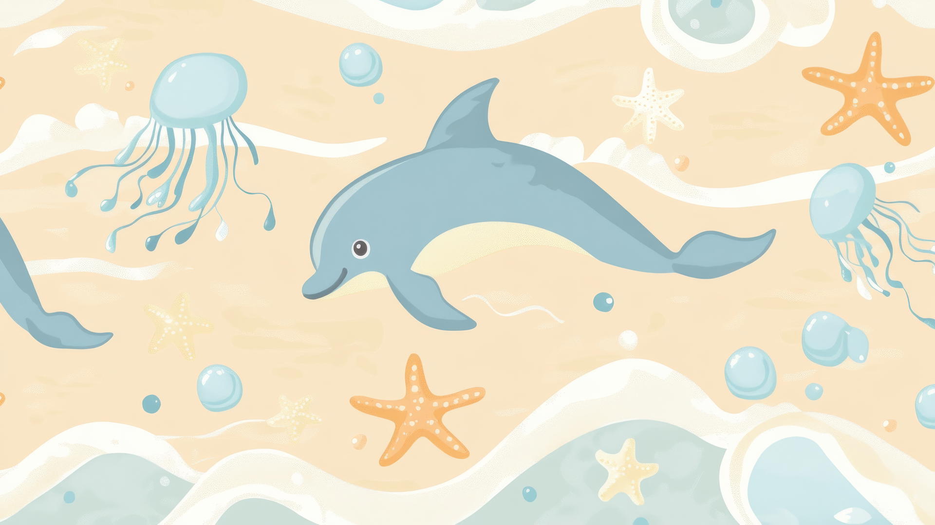 preppy beach wallpaper with cartoon-style sea creatures like dolphins, starfish, and jellyfish playing in waves