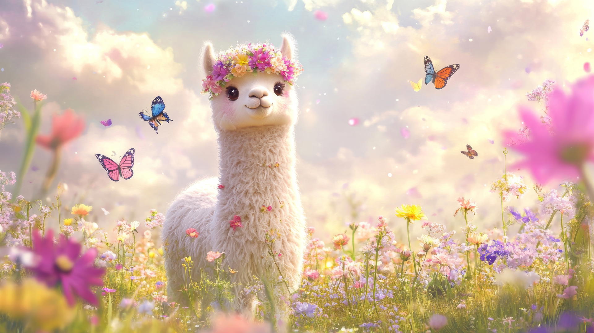 popular cute wallpapers for girls featuring a cartoon alpaca with flower crown in a pastel field.