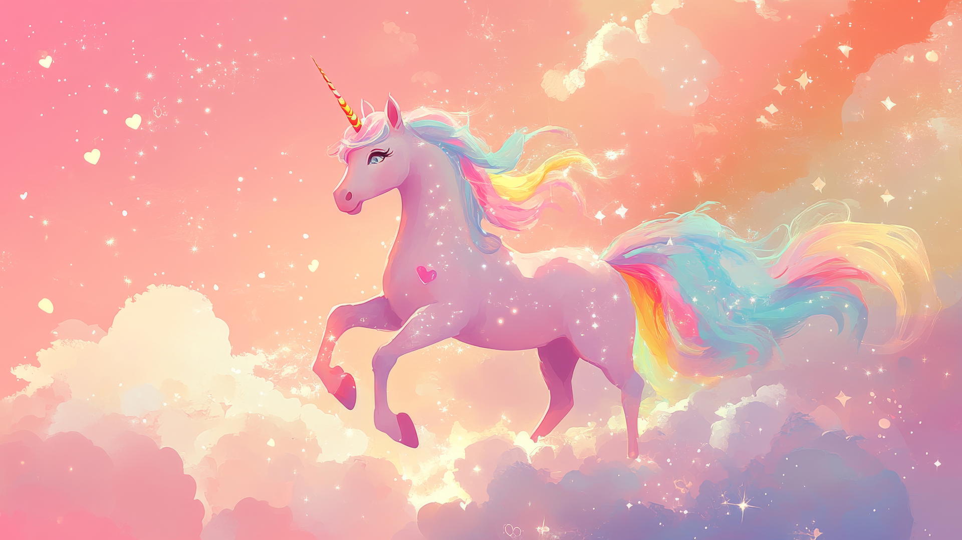 popular cute wallpapers for girls: pastel unicorn with rainbow mane, stars, and hearts