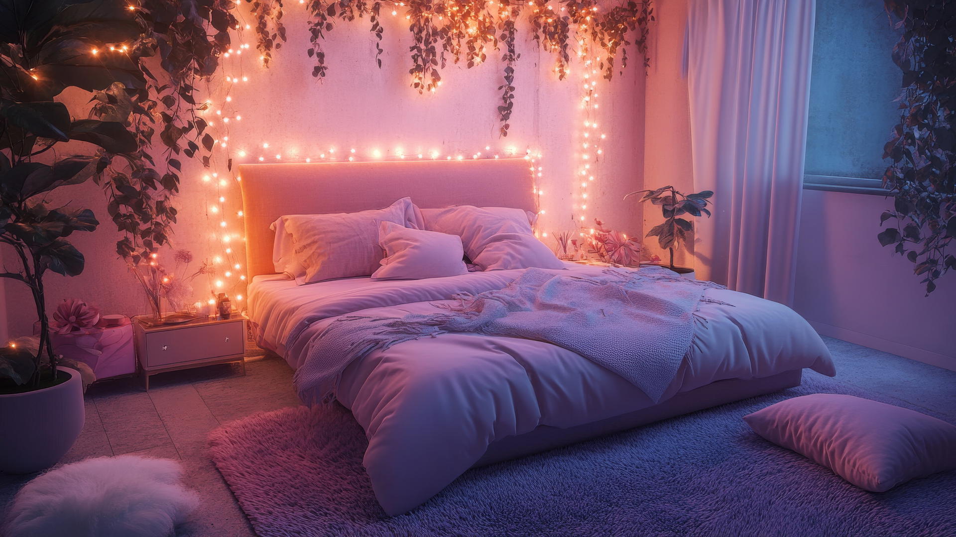 cute wallpapers aesthetic with cozy bedroom, pastel bed, fairy lights, fluffy pillows, soft rug