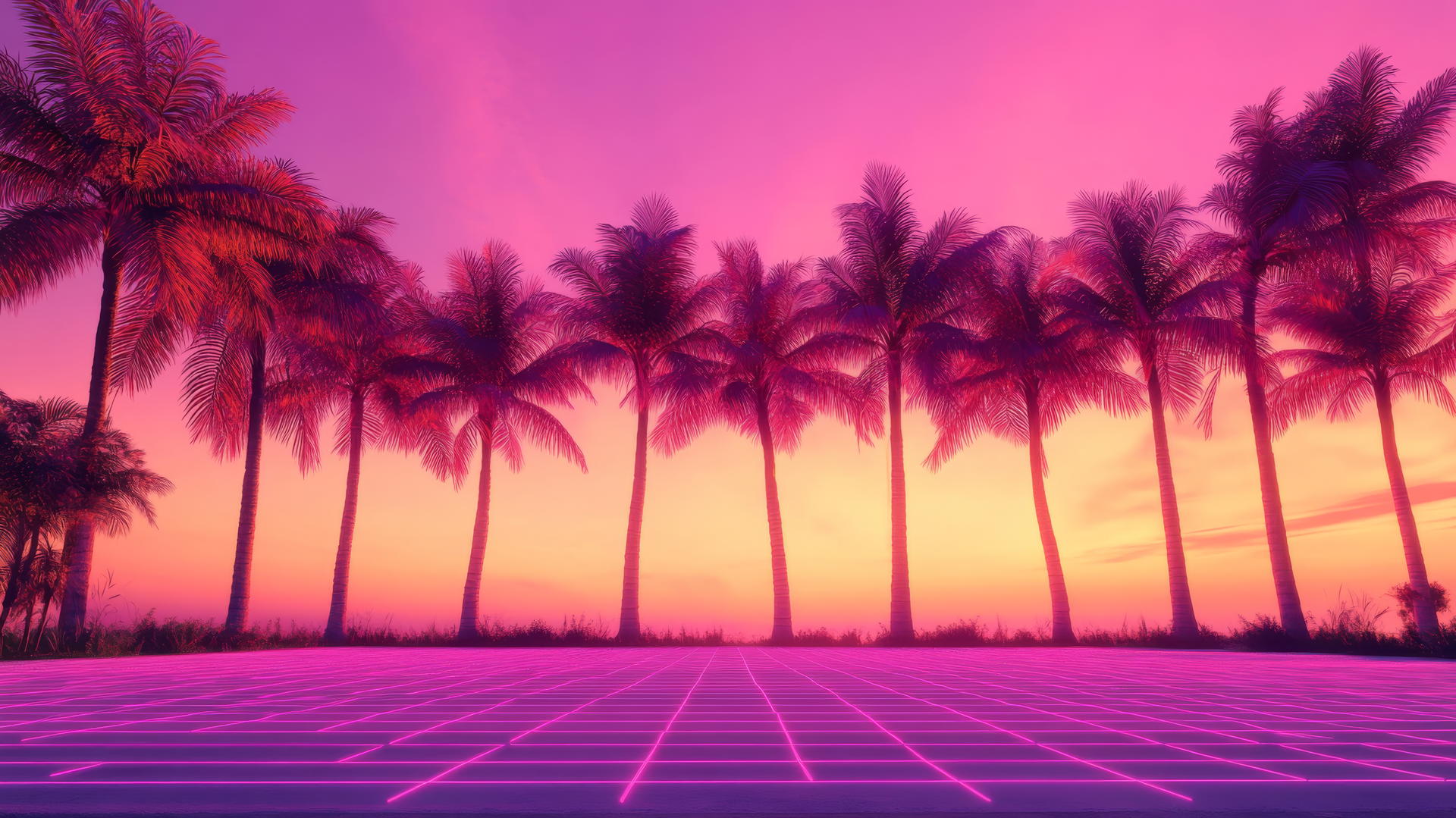 Aesthetic pink wallpaper with neon pink palm trees and grid-lined ground, set against a sunset in pink and purple hues.