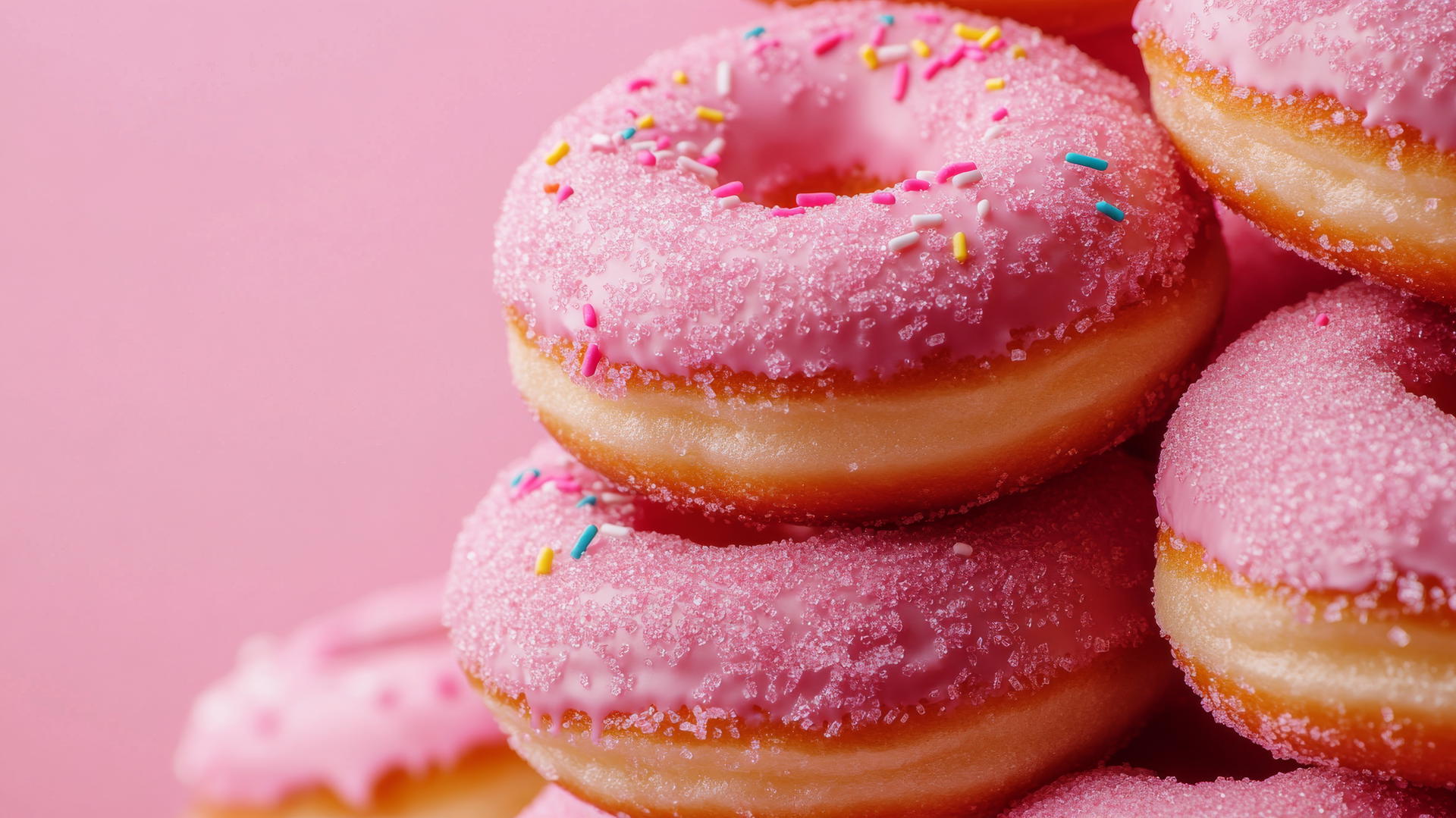 aesthetic pink wallpaper with sugar-coated donuts and colorful sprinkles