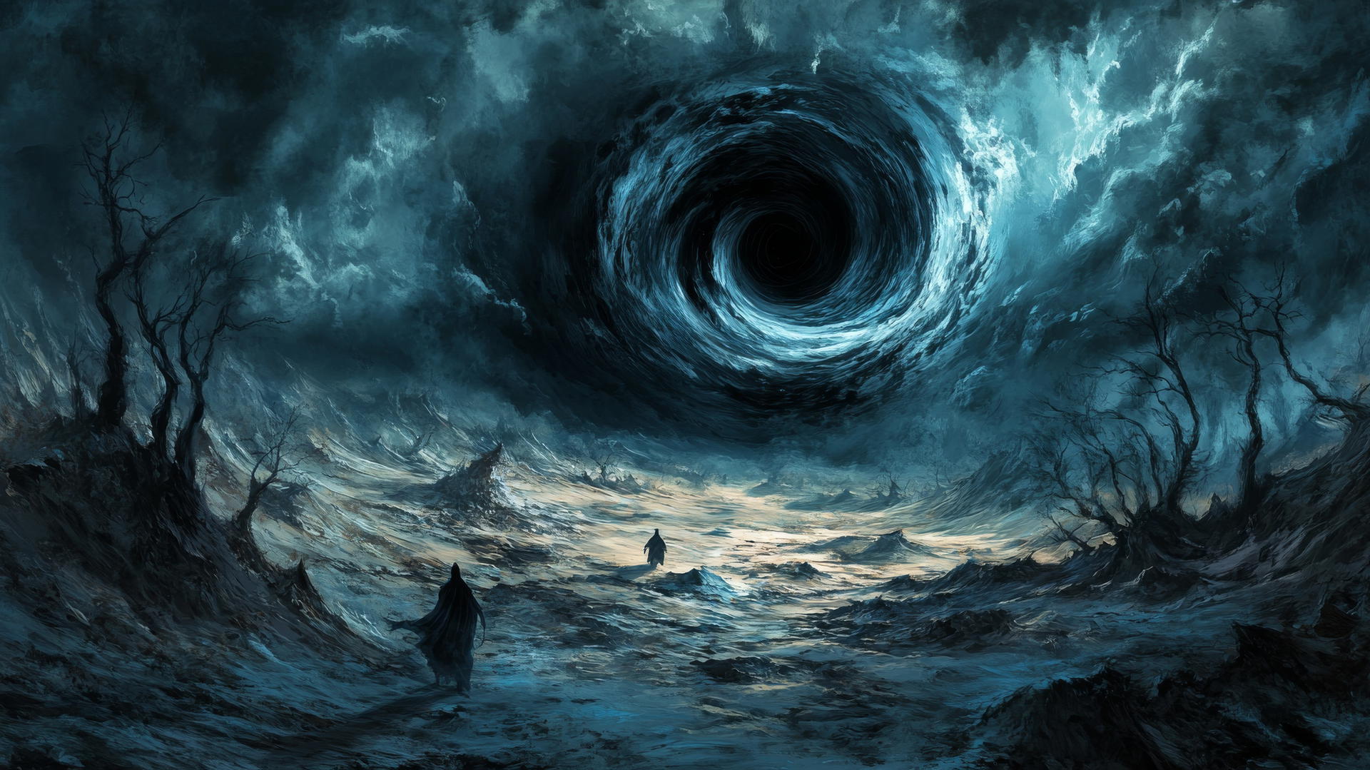 black hole wallpaper in a nightmarish landscape, with shadowy figures and barren lands