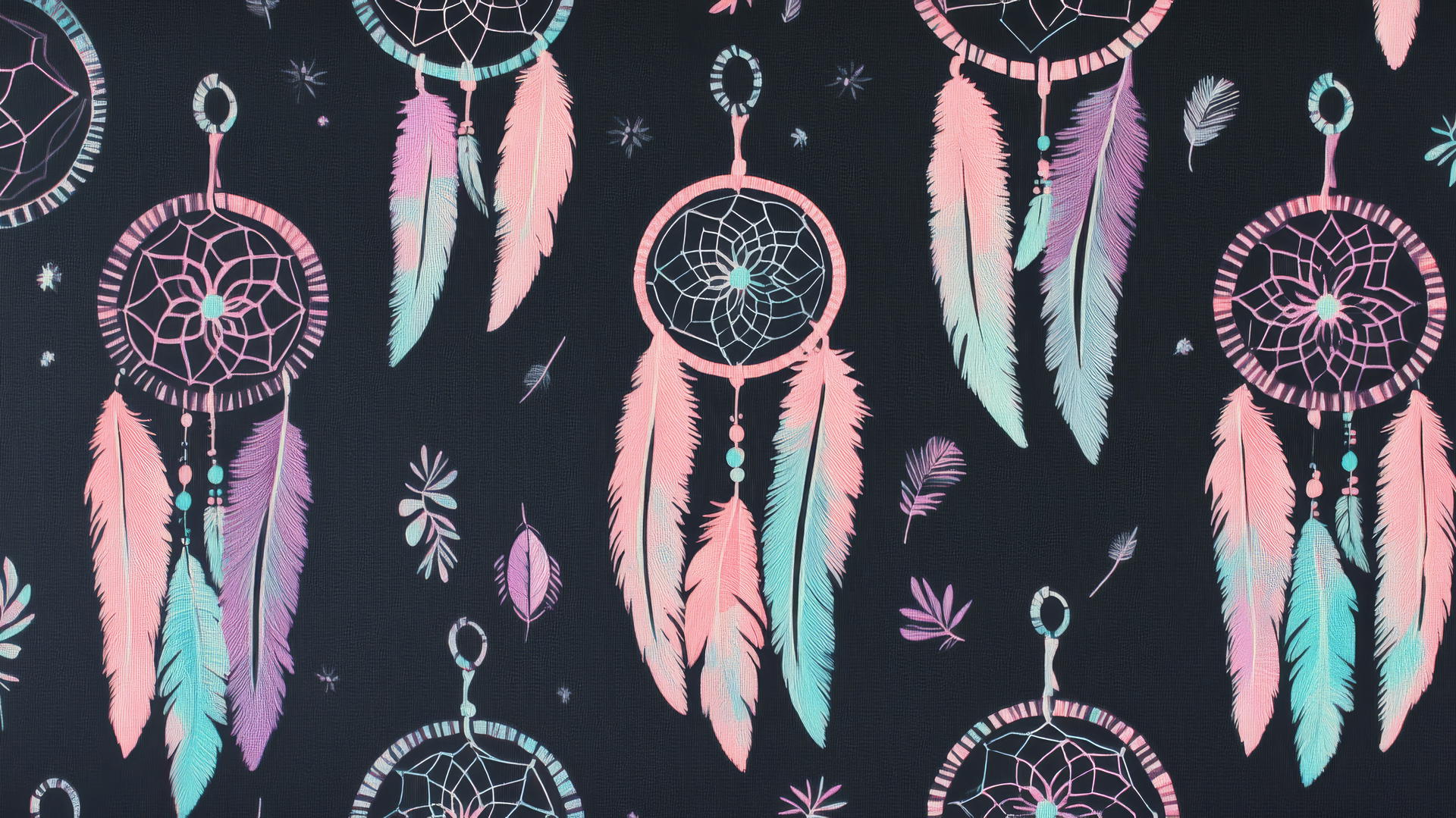 Black wallpaper for girls featuring whimsical dreamcatchers and pastel feathers.