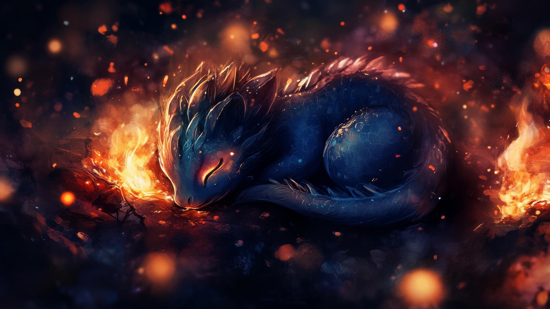 black cute wallpaper with a tiny colorful dragon sleeping on dark background